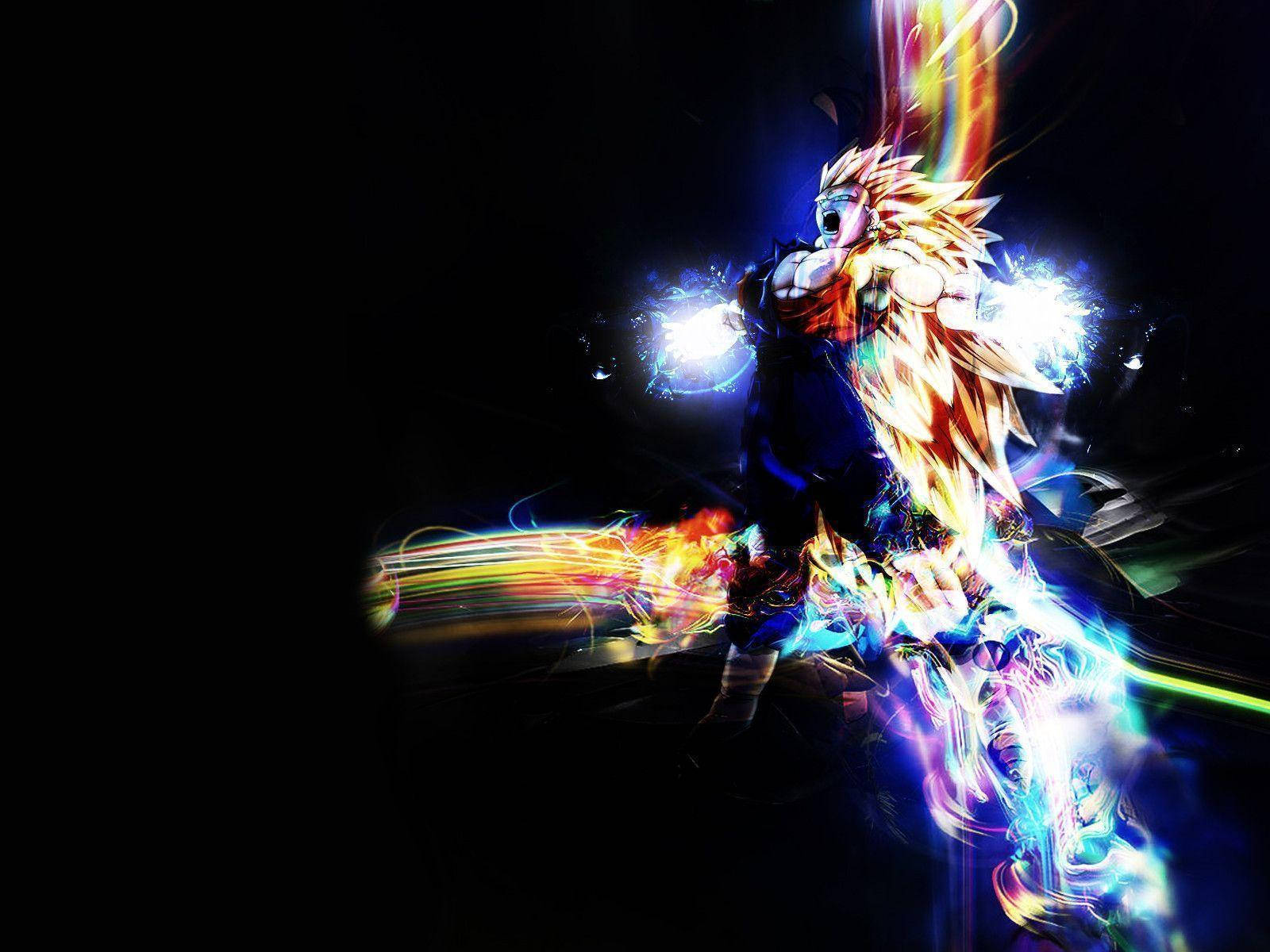 Vegito 桌布 壁紙 — 一個發光的動漫戰士，頭髮尖尖，在黑暗背景中釋放出充滿活力的能量爆炸。