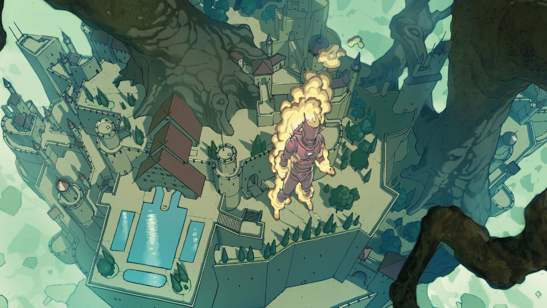 Secret Wars 桌布 壁紙 — 一個發光的動漫戰士站在一座漂浮城堡上，周圍環繞著巨大的樹根和藍綠色水域。