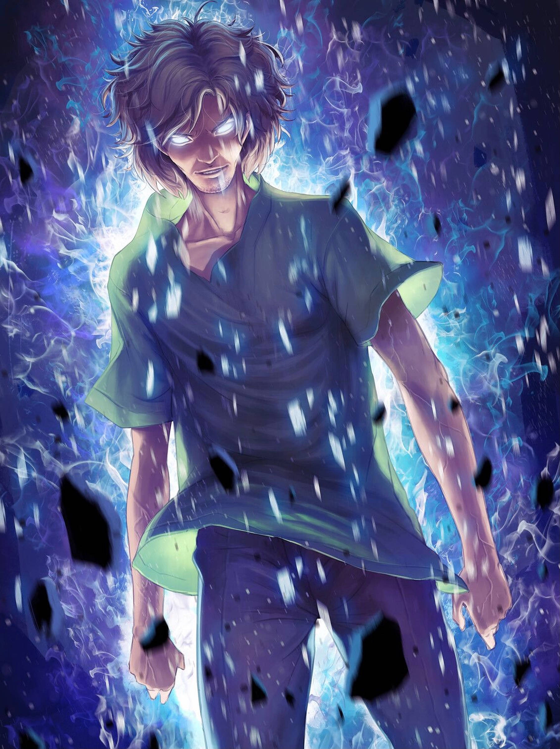 Shaggy 桌布 壁紙 — 一個發光的動漫男子，擁有狂野的頭髮和白色的眼睛，站在旋轉的藍色能量和漂浮的黑色碎片之中。