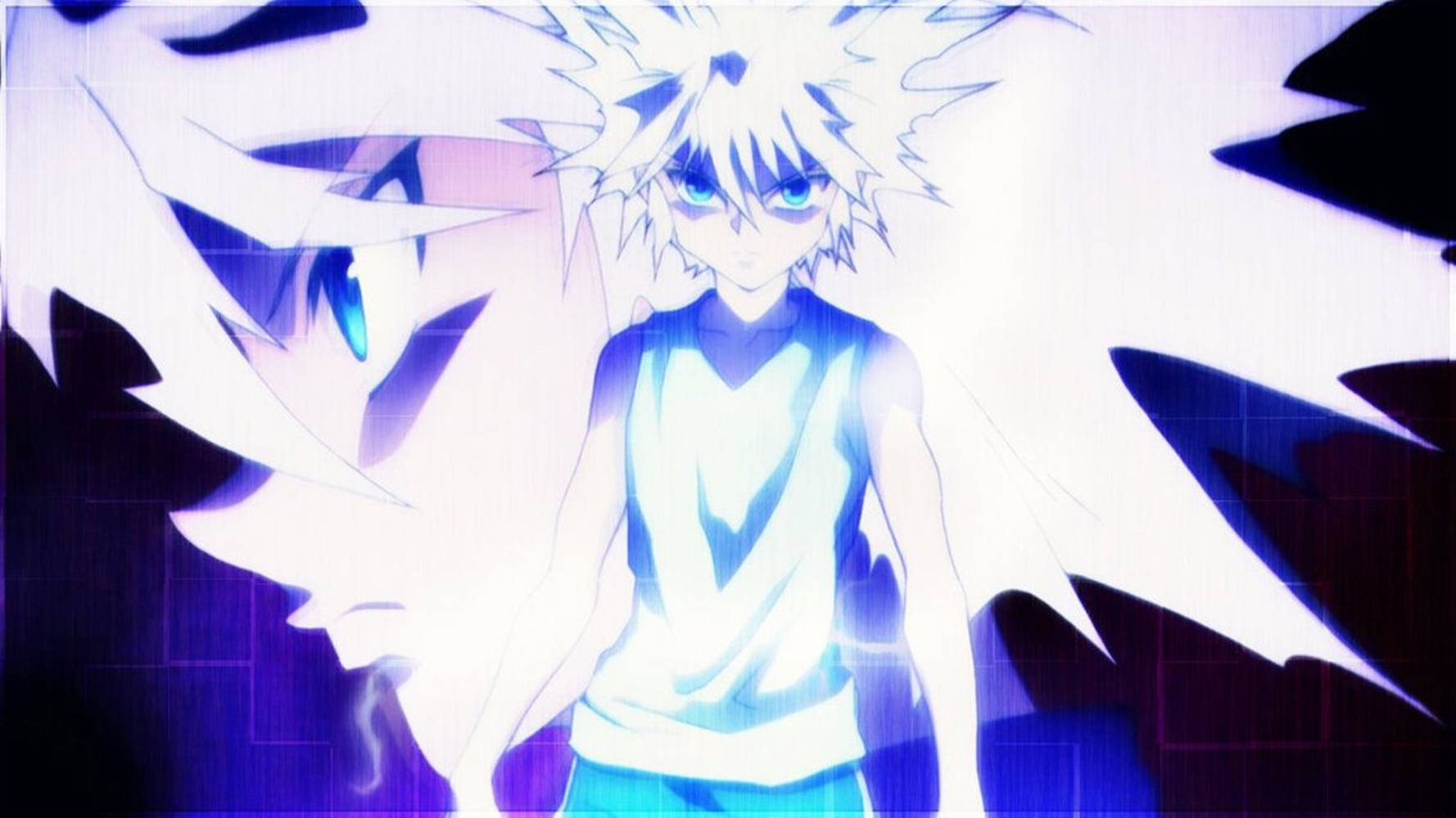獵人 x 獵人 桌布 壁紙 — 一個發光的動漫男孩，擁有尖刺般的白髮和藍眼睛，站在深紫色背景前，周圍有鋒利的白色能量碎片。