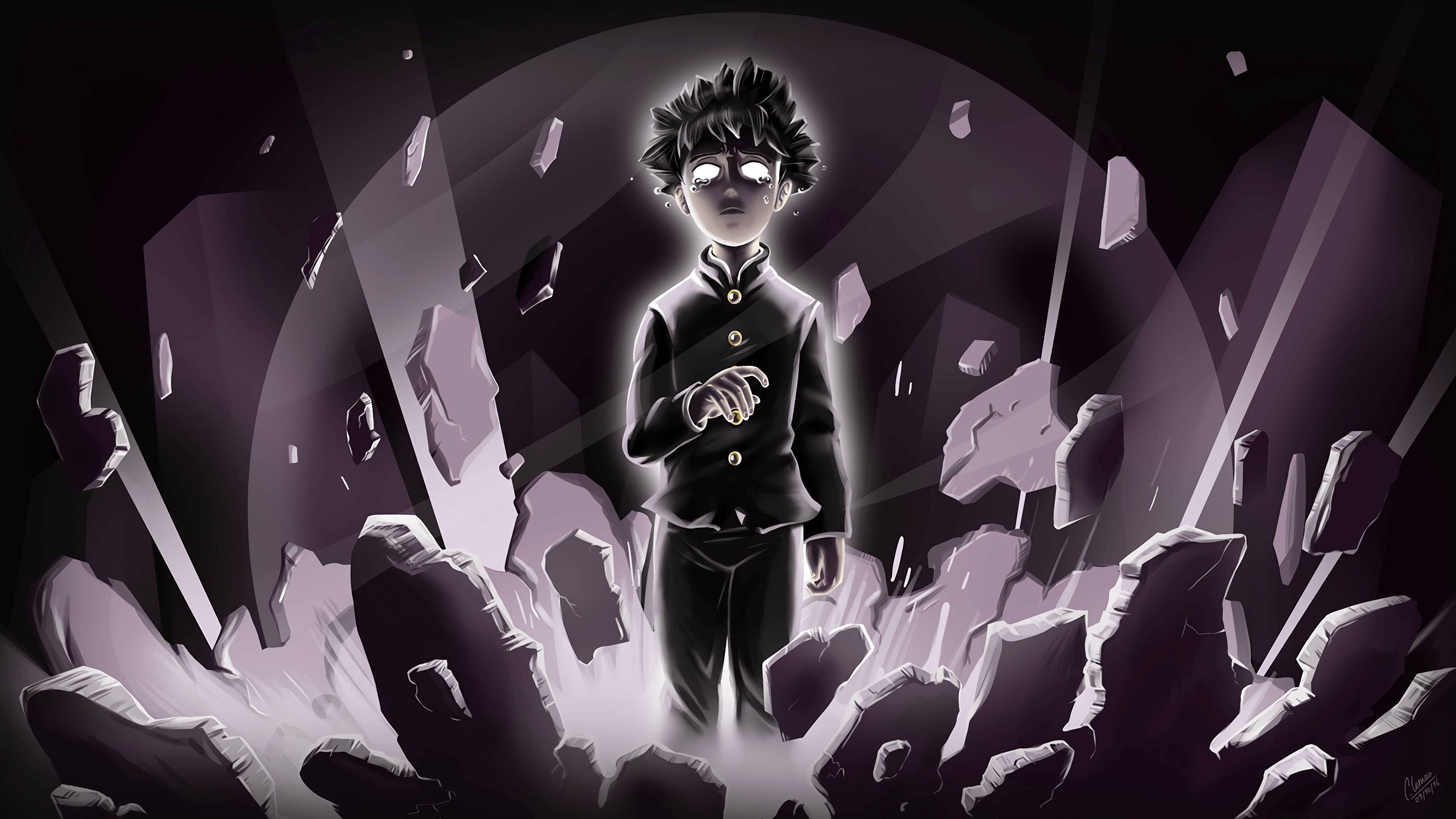 psycho 桌布 壁紙 — 一個發光的動漫男孩穿著校服，站在漂浮的紫色碎片中，下方是黑暗的圓形光。