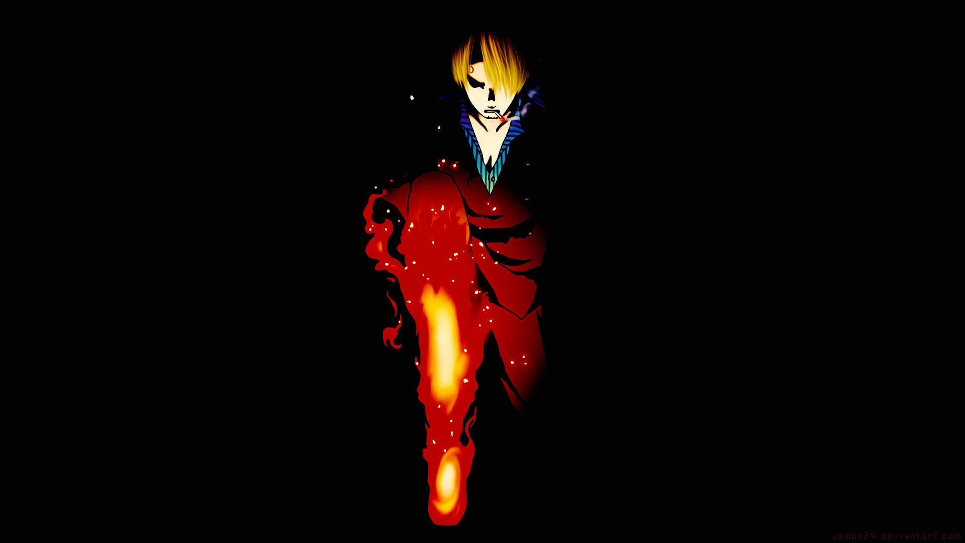 Sanji 桌布 壁紙 — 一個發光的動漫角色，下半身燃燒著火焰，站在黑色背景前，散發出強烈的熱量和力量。