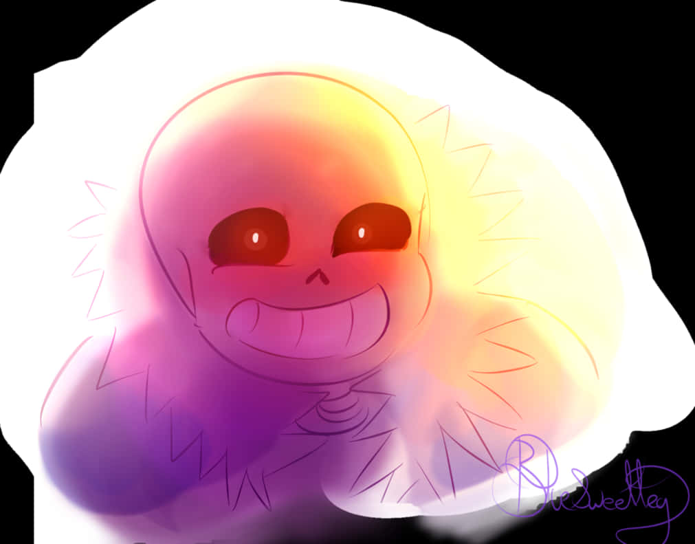 Undertale 桌布 壁紙 — 一個發光的動漫角色，咧嘴大笑，紅色的眼睛，在純黑色背景上散發出溫暖的紫色、黃色和橙色色調。