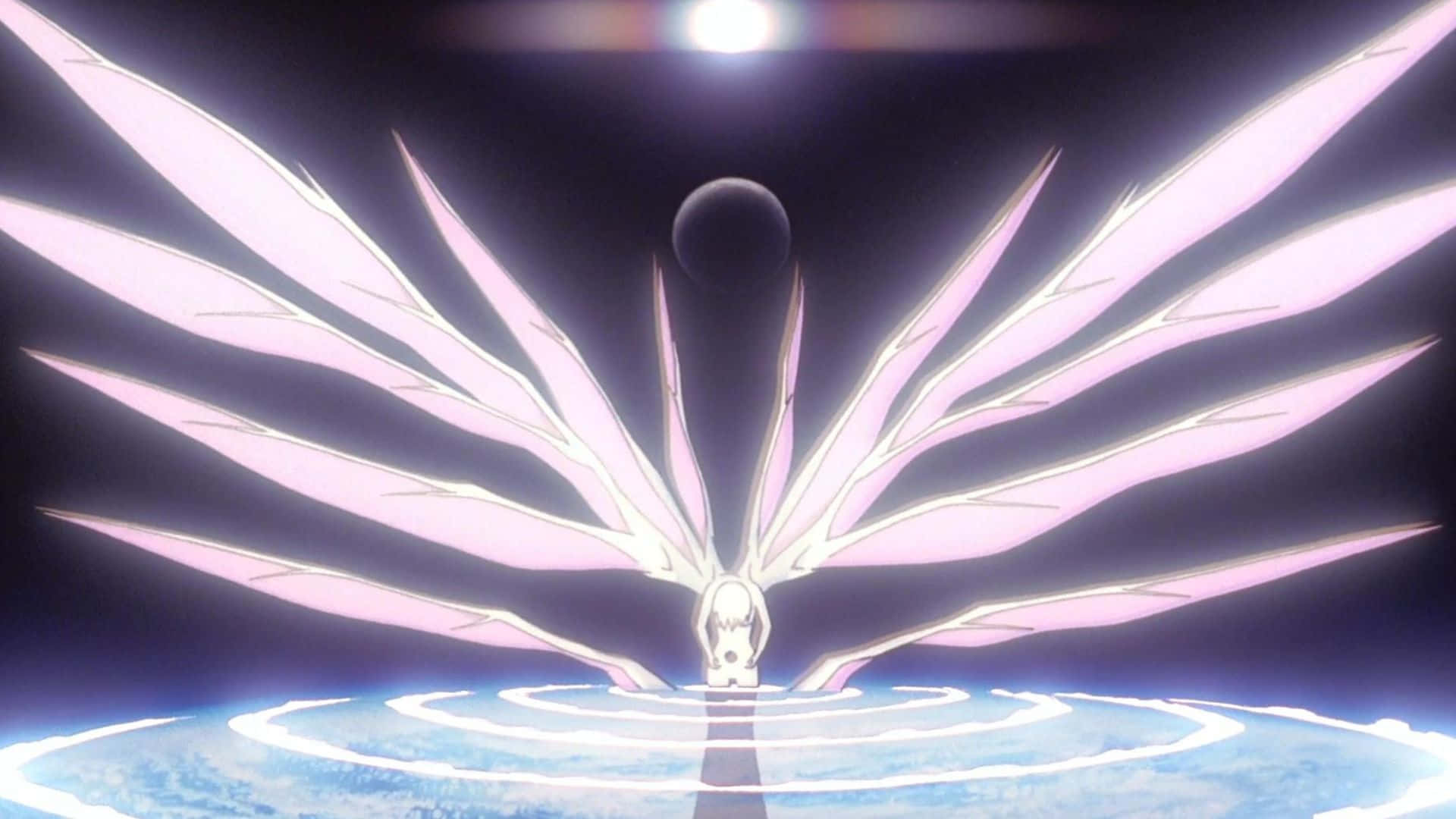 Adam Evangelion 桌布 壁紙 — 一個發光的動漫角色，擁有巨大的粉紅色翅膀，站在一個旋轉的藍色能量環上，在明亮的天體光芒之下。