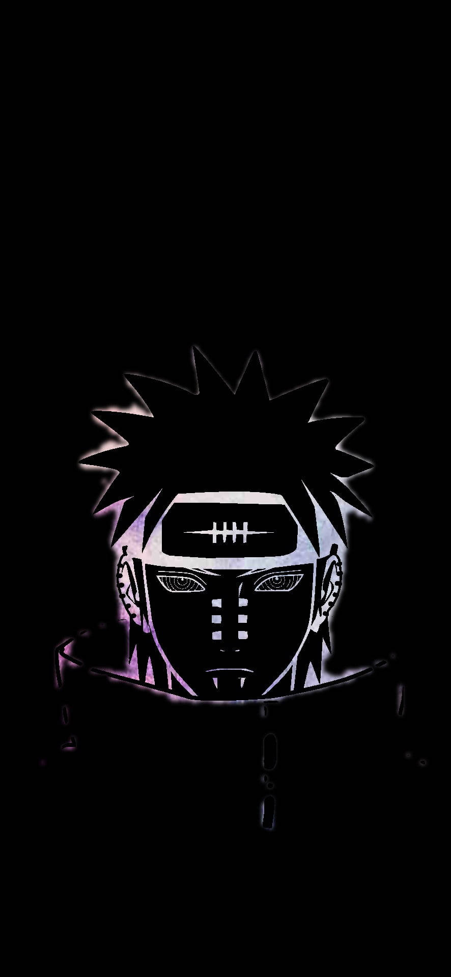 黑色動畫gif 桌布 壁紙 — 一個發光的動漫角色，有著尖刺頭髮和頭帶，在帶有紫色和白色高光的黑色背景上脫穎而出。