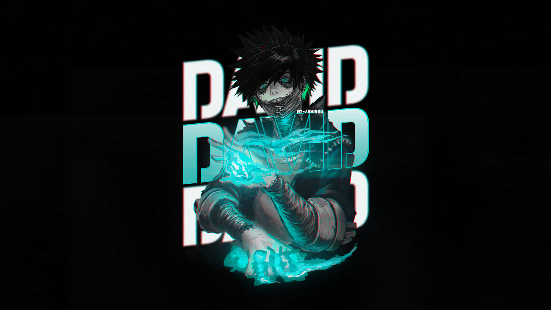 Dabi Boku No Hero 桌布 壁紙 — 一個發光的動漫角色，有著尖刺頭髮和發光的眼睛，盤腿坐在黑色背景前，背景上有粗體霓虹燈字母 'DAD'。