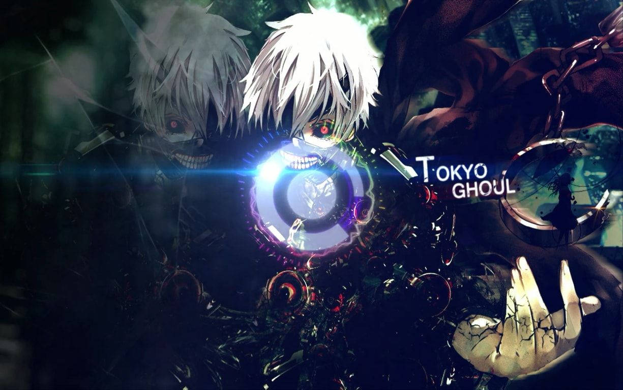 東京喰種 桌布 壁紙 — 一個發光的動漫角色，白髮紅眼，威風凜凜地站在黑暗森林中，周圍環繞著鎖鏈和機械齒輪。