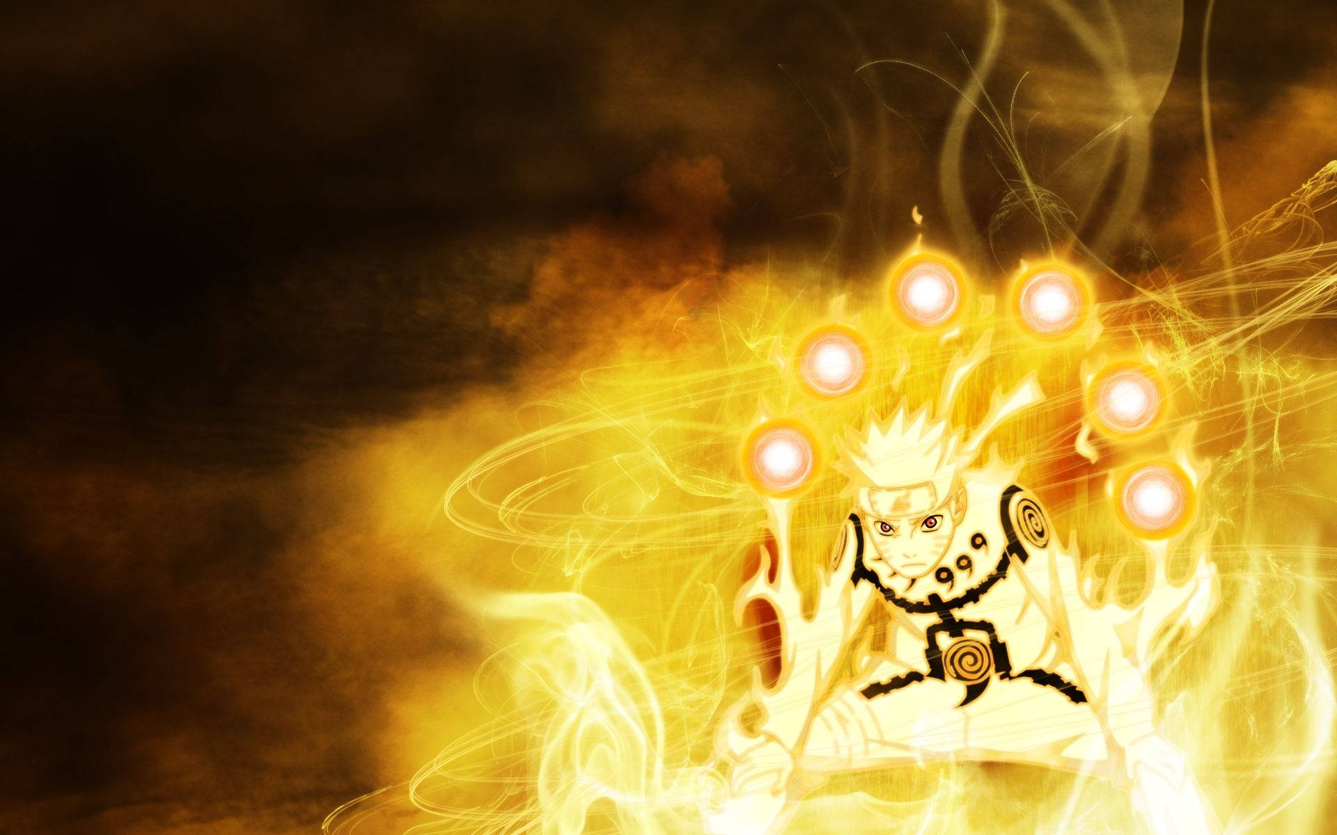 Yellow Naruto 桌布 壁紙 — 一個發光的動漫角色在煙霧瀰漫的黑暗背景中，頭部周圍有九個旋轉的球體，散發出強烈的金色查克拉。