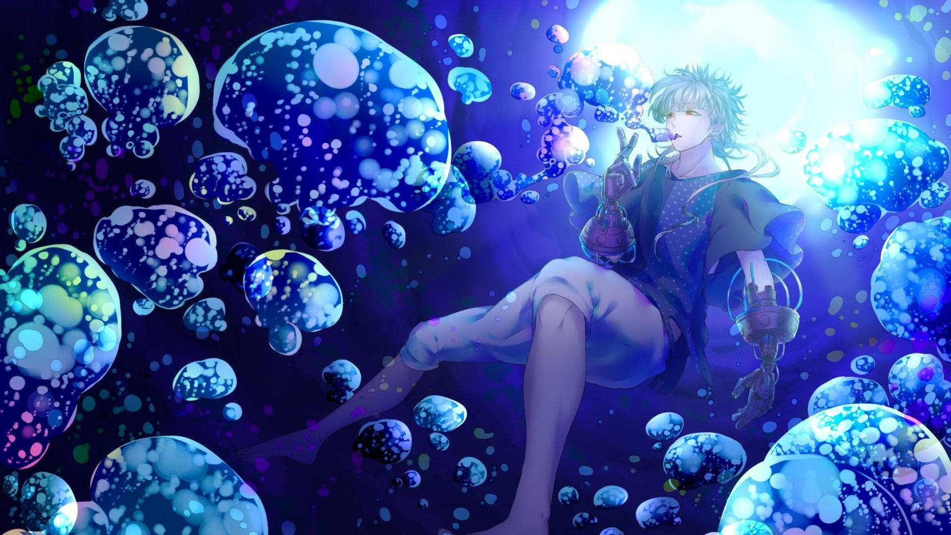 Under The Sea 桌布 壁紙 — 一個發光的動漫角色在閃爍的藍色氣泡中漂浮，沐浴在燦爛的月光下。