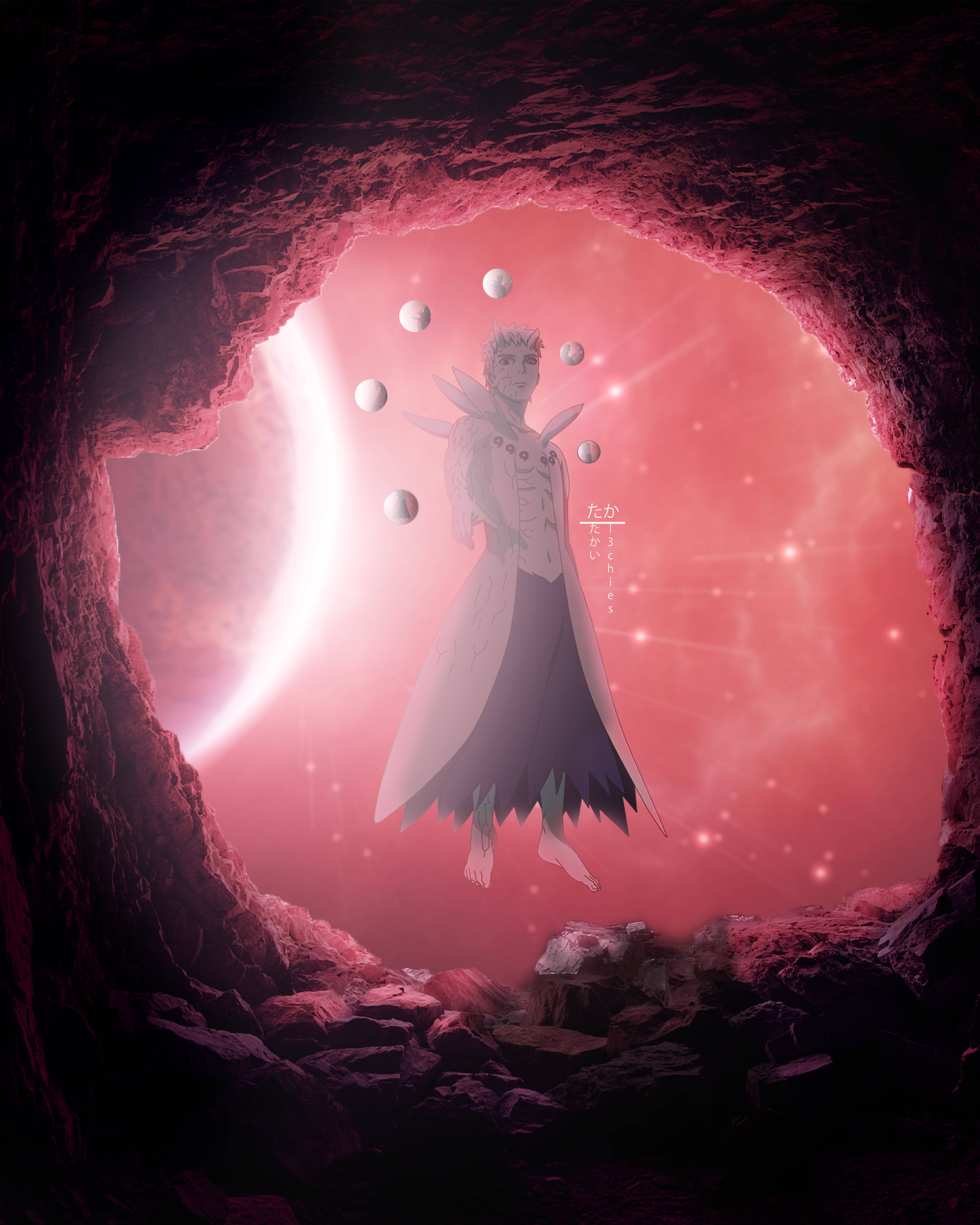 Obito Uchiha 桌布 壁紙 — 一個發光的動漫角色有翅膀漂浮在粉紅色宇宙隧道中，周圍有浮動球體和彎月。