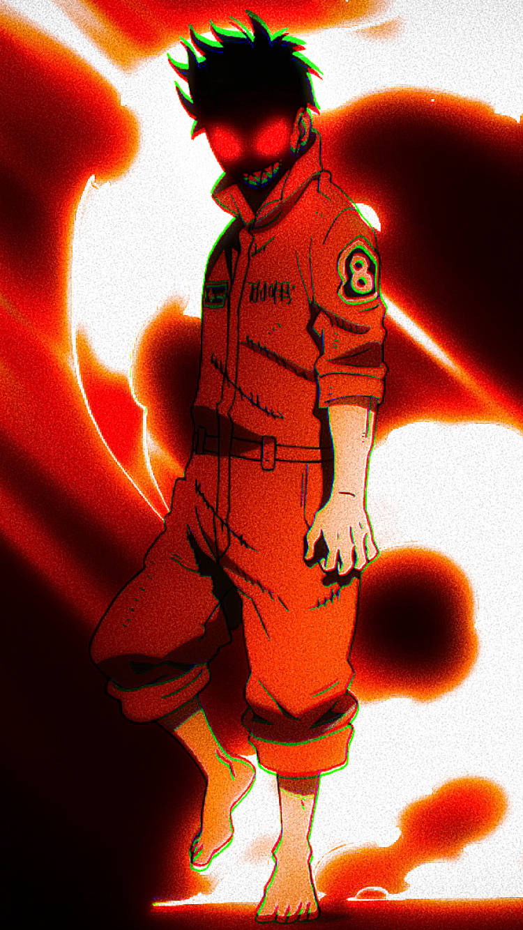 Anime Fire 桌布 壁紙 — 一個發光的動漫角色穿著橙色連身衣，站在火紅和白色的背景前，眼睛發出強烈的紅光。