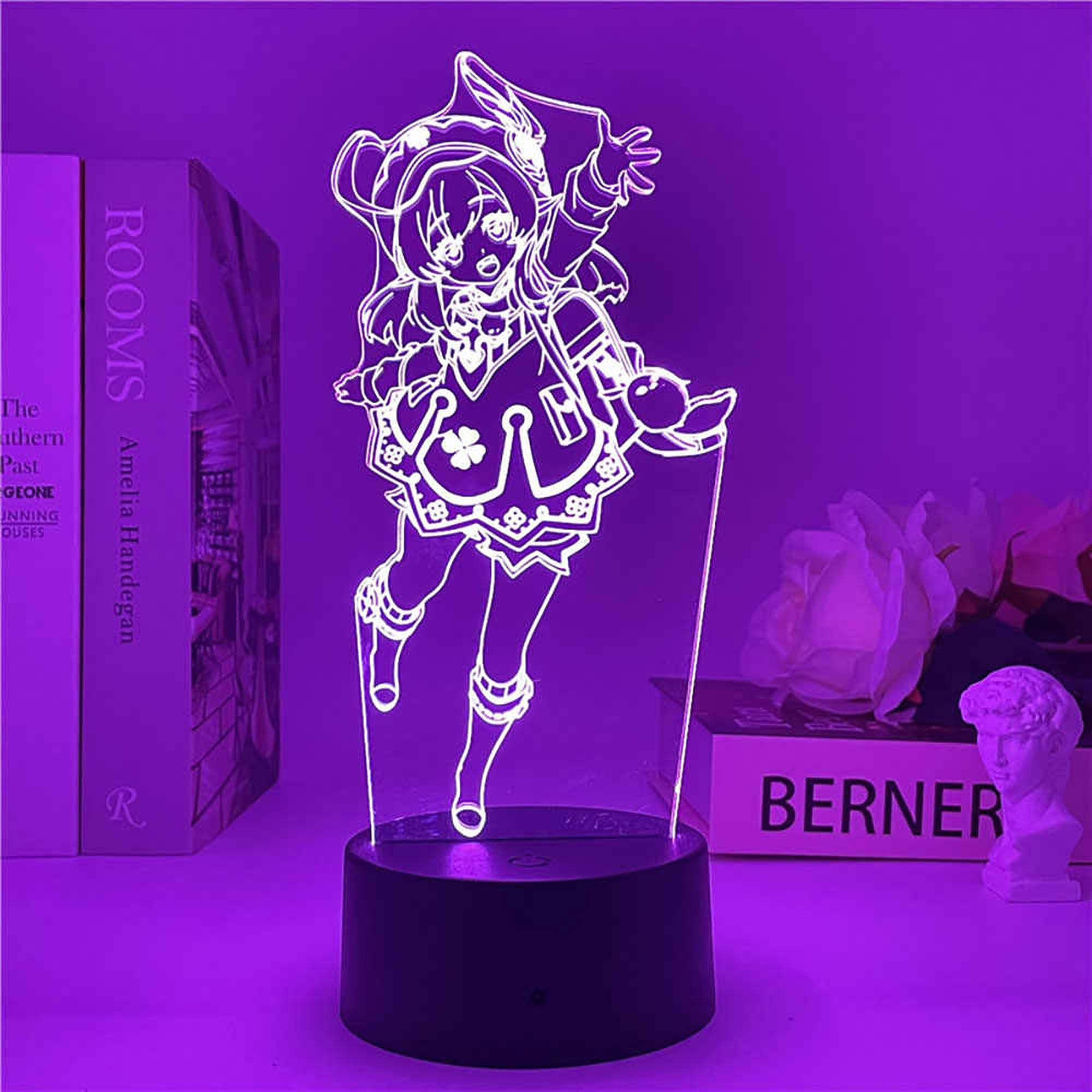LED 桌布 壁紙 — 一個發光的動漫風格3D燈，形狀像一個穿著女僕裝的快樂女孩，站在一張沐浴在紫色光線中的桌子上。