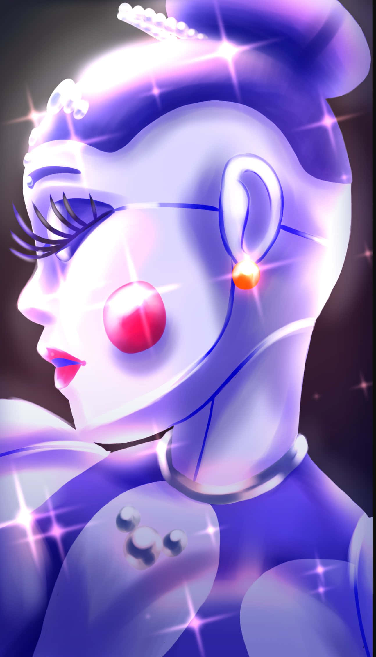 Ballora 桌布 壁紙 — 一個發光的動漫風格女性角色，紫色頭髮，帶有閃爍效果，呈現風格化的側面輪廓。