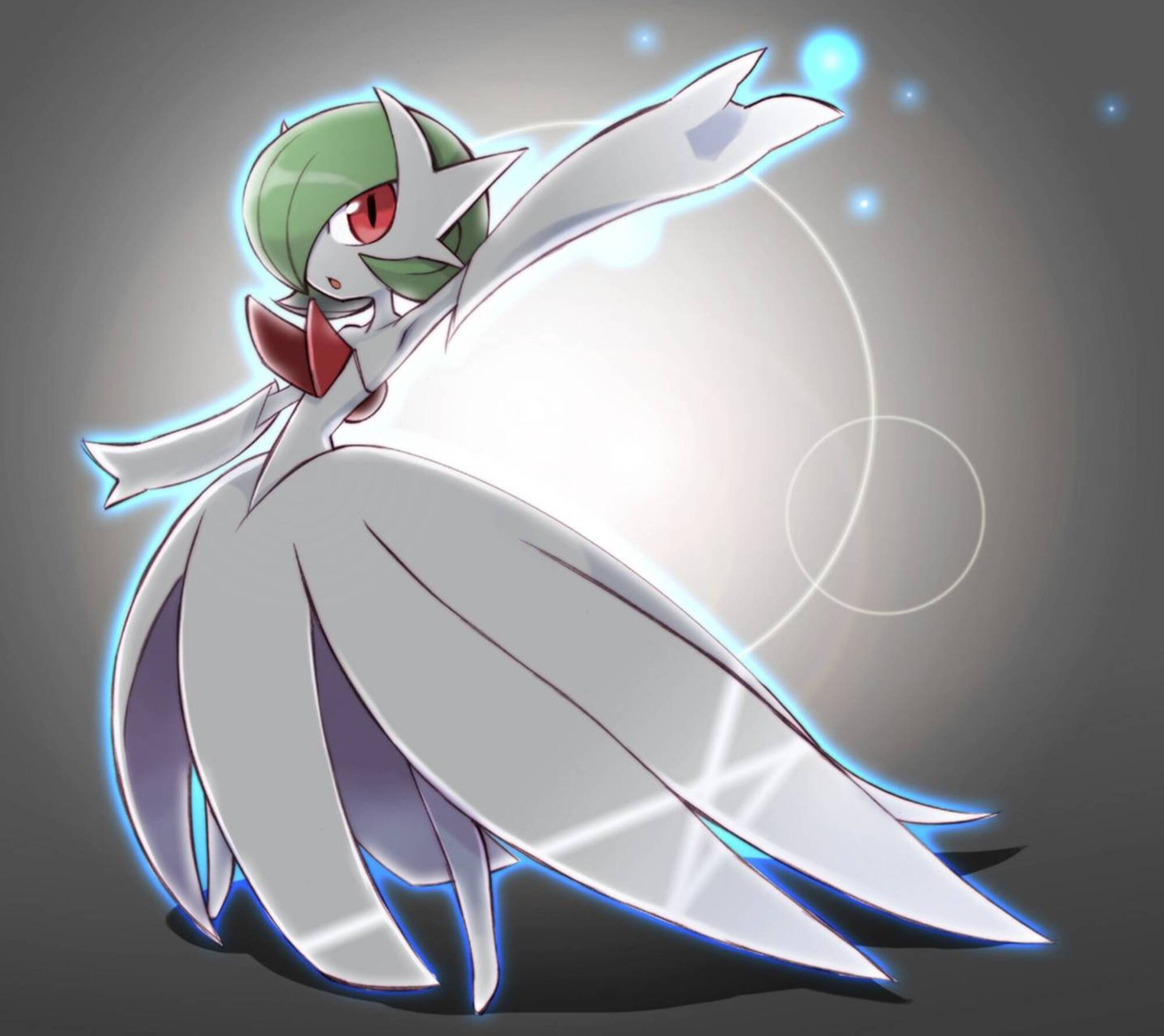 Gardevoir 桌布 壁紙 — 一個發光的動漫風格寶可夢，綠色頭部、紅色眼睛和白色流動翅膀，在黑暗背景下散發能量。