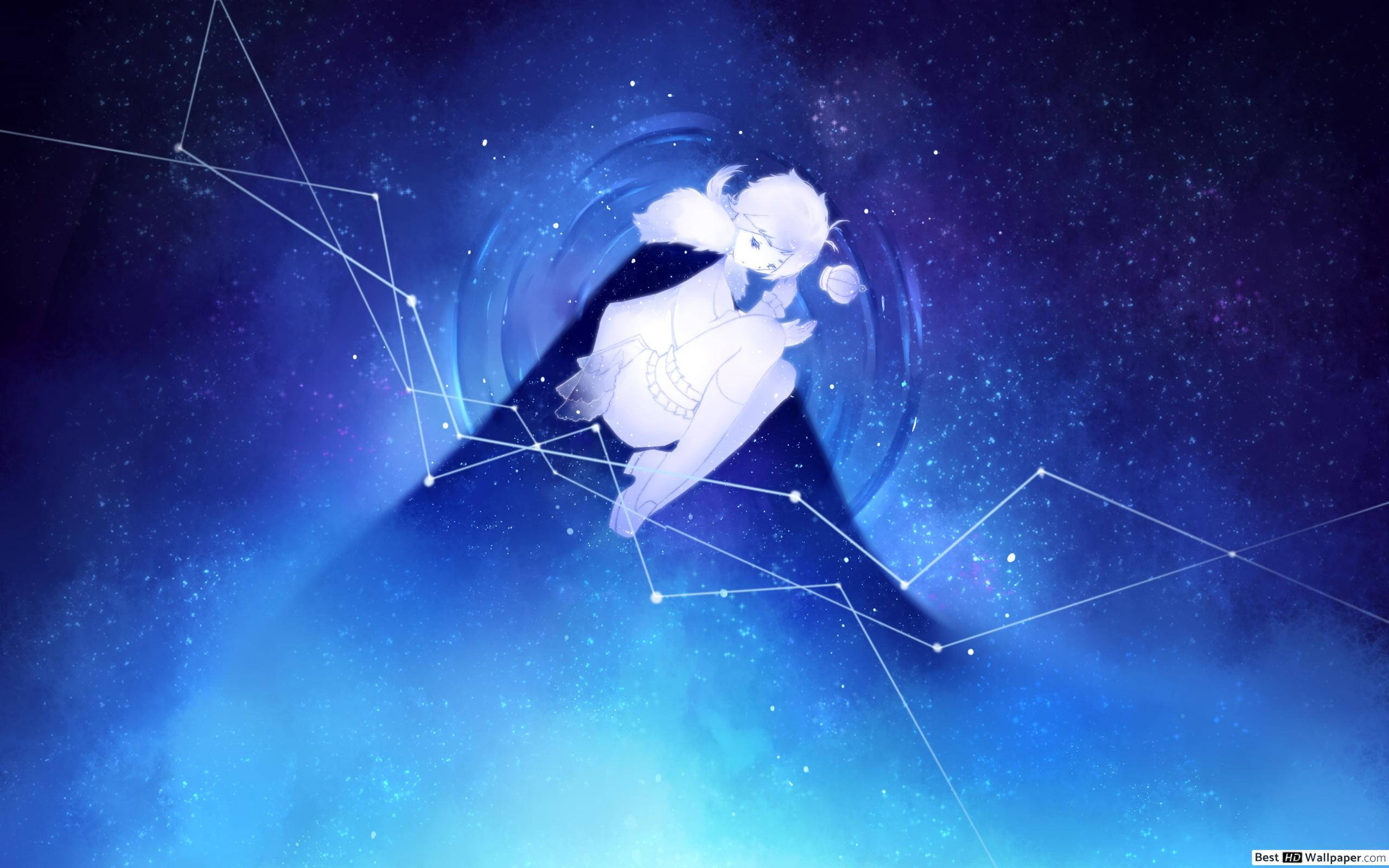 文豪野犬 桌布 壁紙 — 一個發光的動畫女孩漂浮在星空宇宙背景中，周圍有星座和旋轉的星雲，呈現深藍色和紫色。