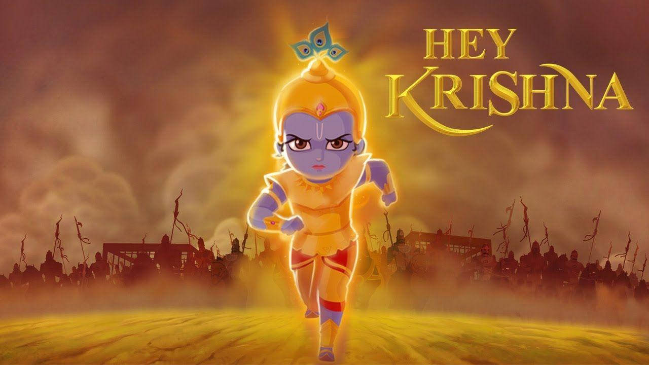 krishna god 桌布 壁紙 — 一個發光的動畫小孩，藍色皮膚，金色盔甲，在火熱的天空下，穿過塵土飛揚的戰場向前奔跑。