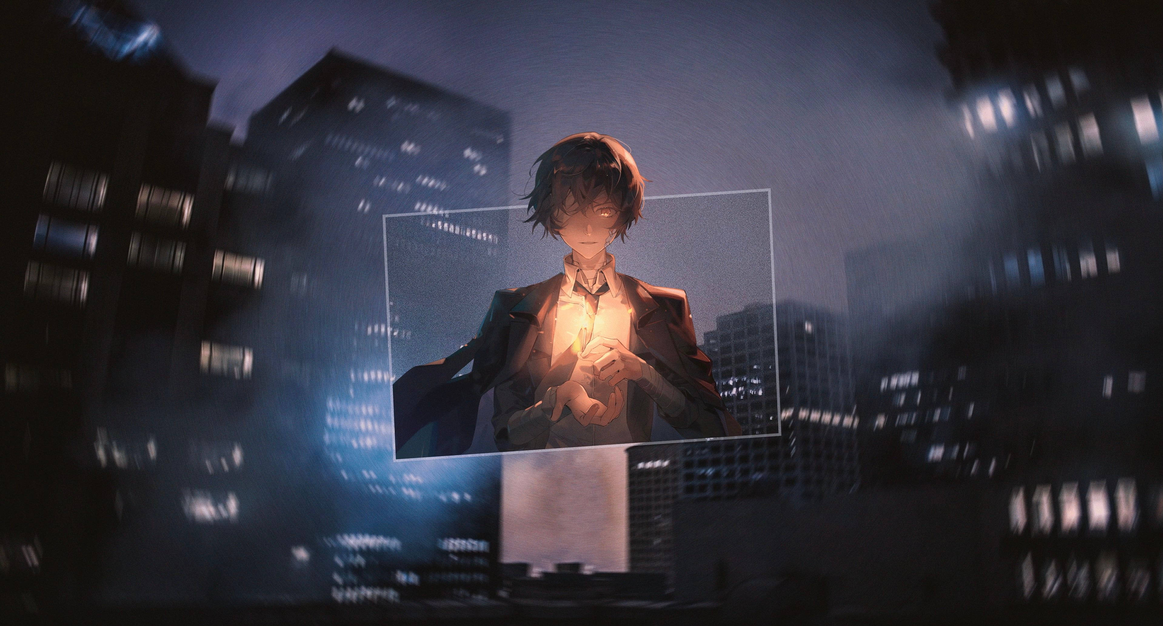 Dazai 桌布 壁紙 — 一個發光的動畫男孩漂浮在透明盒子裡，懸浮在夜晚模糊的霓虹城市景觀之上。