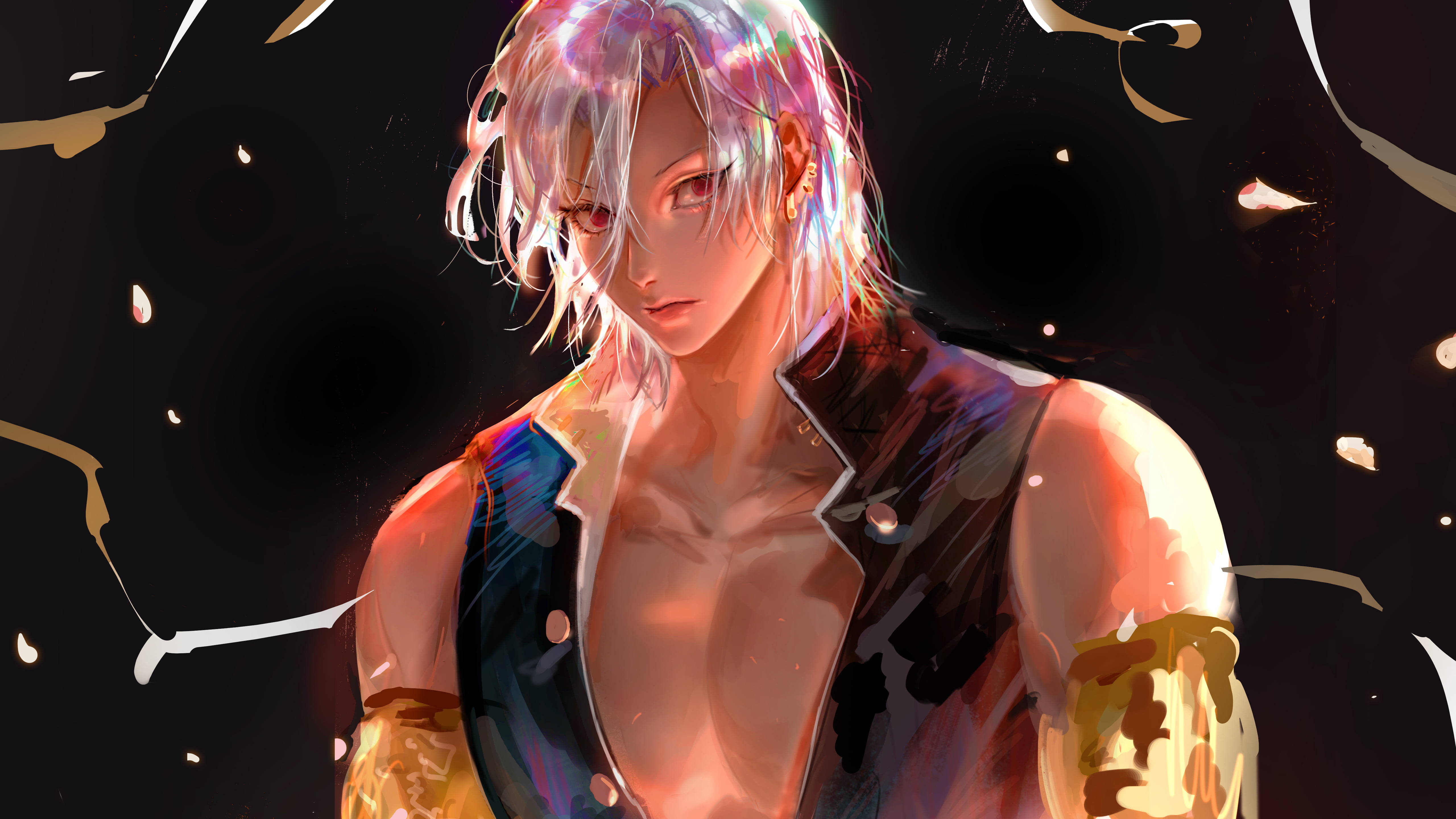 Tengen 桌布 壁紙 — 一個發光的動畫男性，銀色頭髮和紅色眼睛，穿著破損背心，背景是帶有金色粒子的黑暗背景。