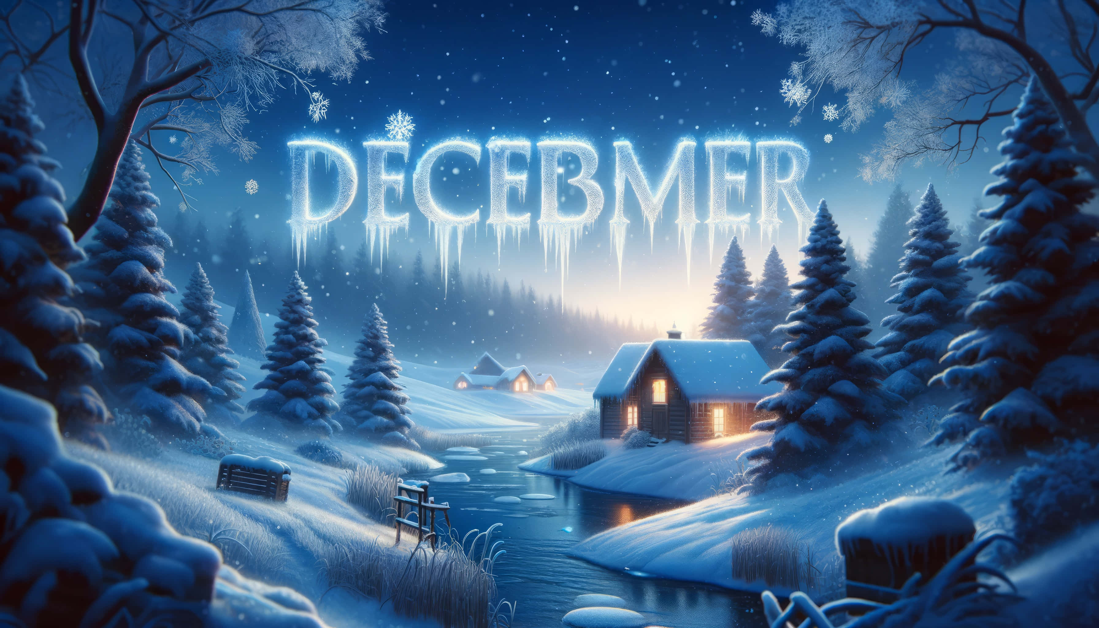 December Desktop 桌布 壁紙 — 一個發光的十二月標誌懸掛在雪覆蓋的小屋上方，小屋坐落在霜凍的松樹林中，星空下。