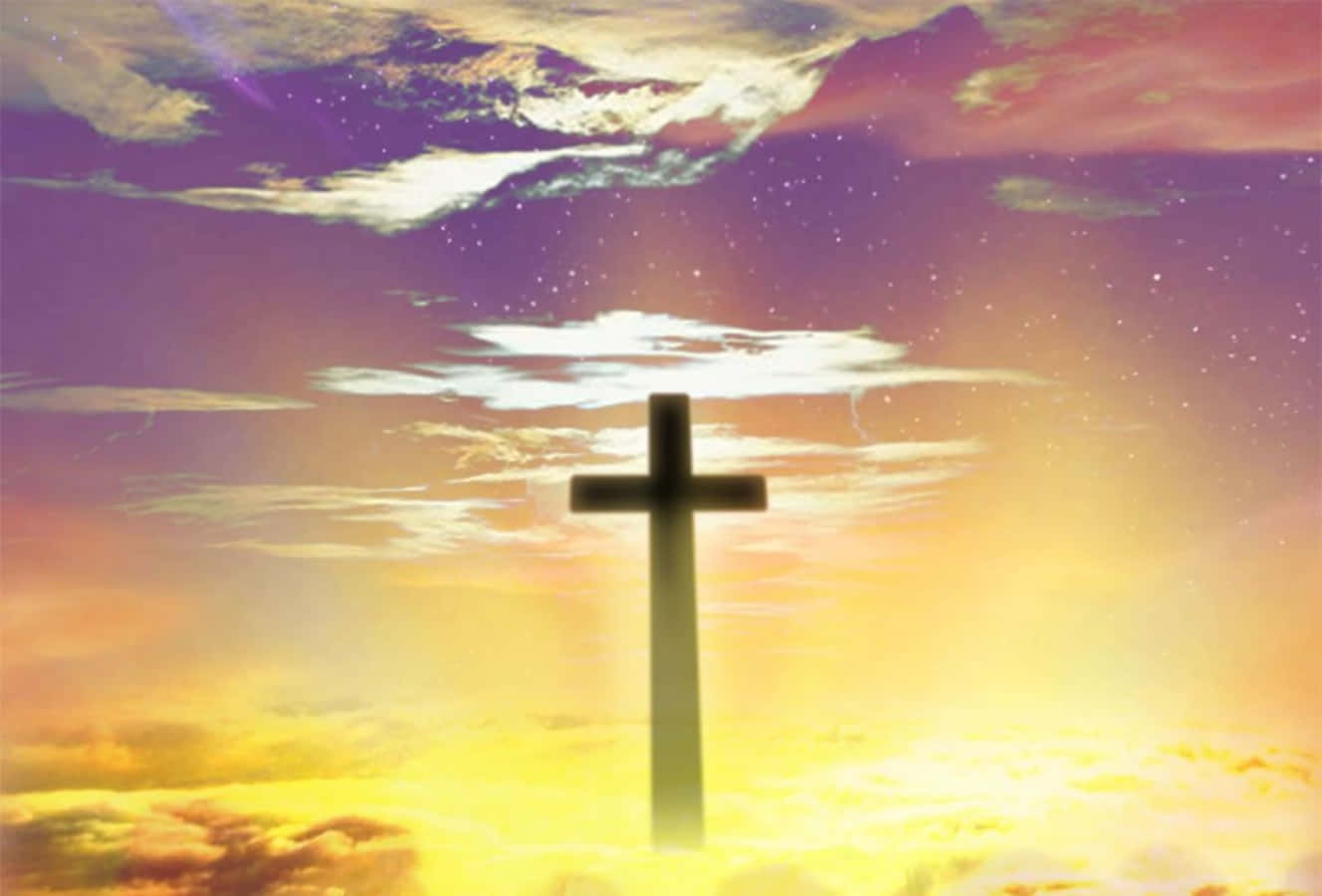 Beautiful Cross 桌布 壁紙 — 一個發光的十字架在充滿紫色、金色和粉紅色雲彩的鮮豔日落天空襯托下，呈現剪影。