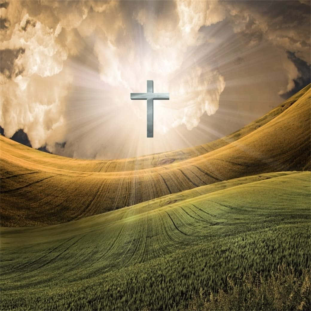 Jesus Crucifixion 桌布 壁紙 — 一個發光的十字架在戲劇性的多雲天空下，在起伏的金色和綠色山丘上方散發出神聖的光芒。