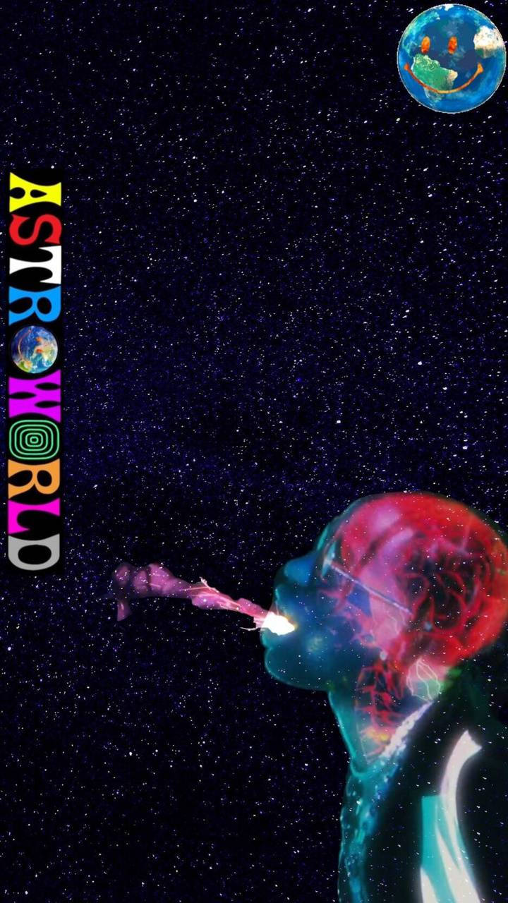Astroworld 桌布 壁紙 — 一個發光的半透明人形剪影在繁星點點的夜空下呼出宇宙煙霧，上方有一個微笑的地球。