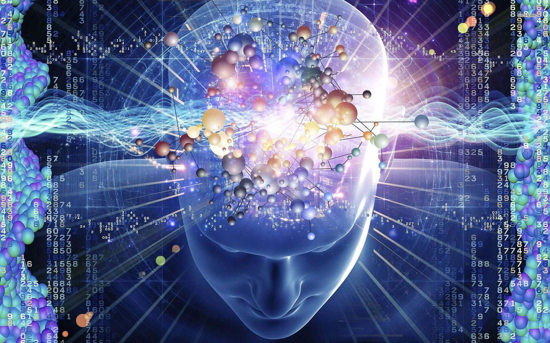 科學 桌布 壁紙 — 一個發光的半透明人頭在黑暗的數位背景下，展現出色彩繽紛的球體和數據流的生動網絡。