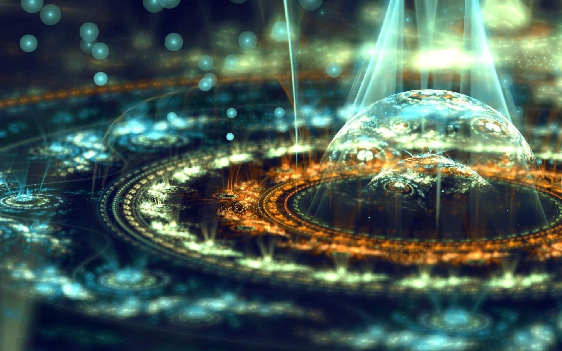 碎形 桌布 壁紙 — 一個發光的半透明球體，在宇宙環境中，位於精緻的金色環圈之上，周圍漂浮著球體和光芒四射的光束。
