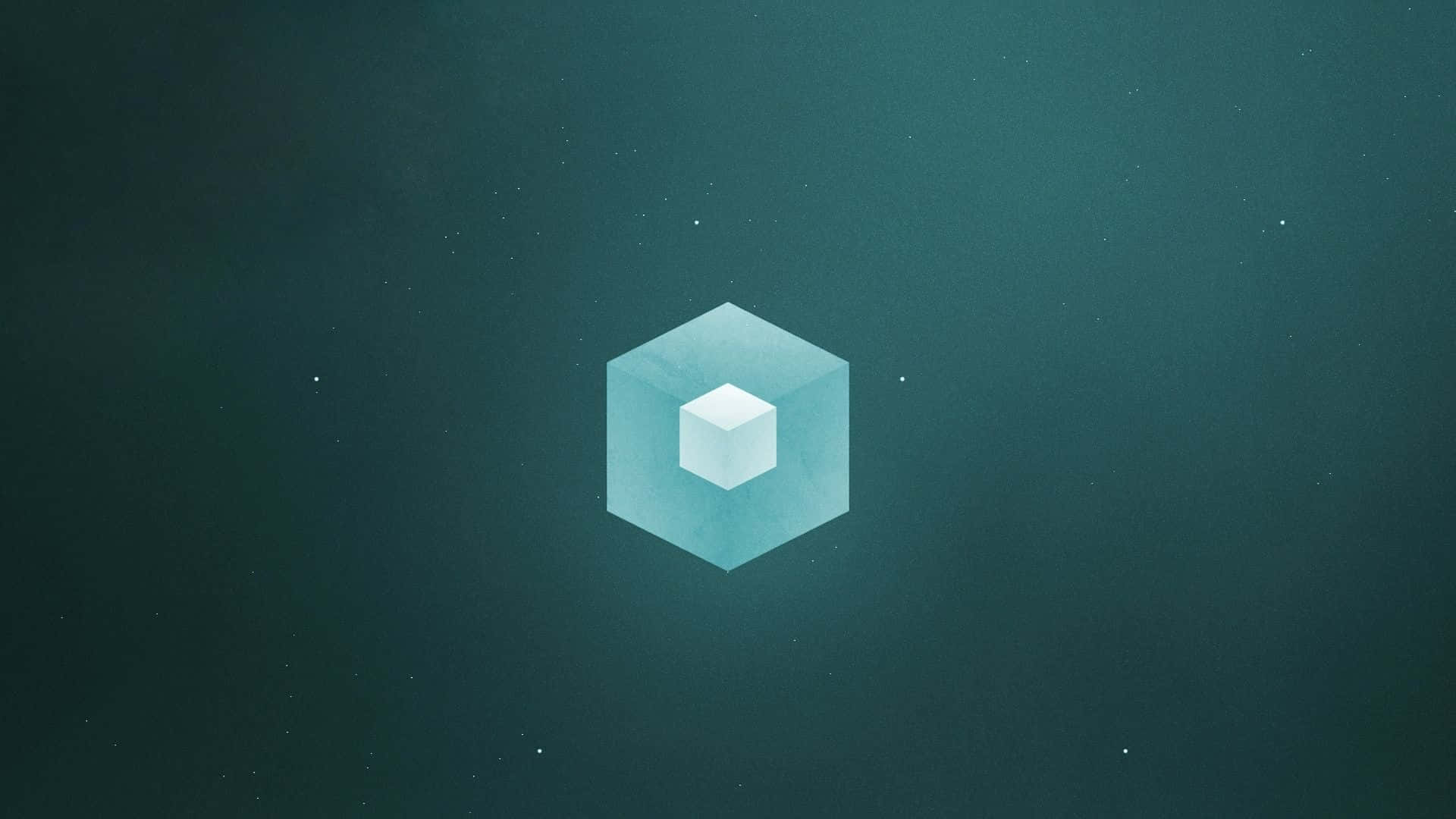 Block 桌布 壁紙 — 一個發光的半透明立方體，內部有一個較小的白色立方體，漂浮在深藍綠色星空背景上。