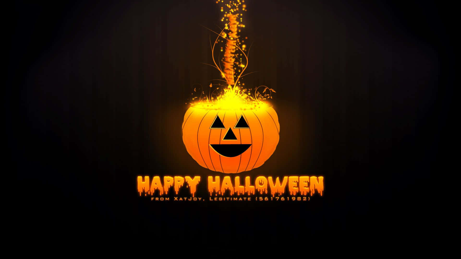 Funny Halloween 桌布 壁紙 — 一個發光的南瓜，頂部噴出火花，背景為深色，下方有「HAPPY HALLOWEEN」文字。