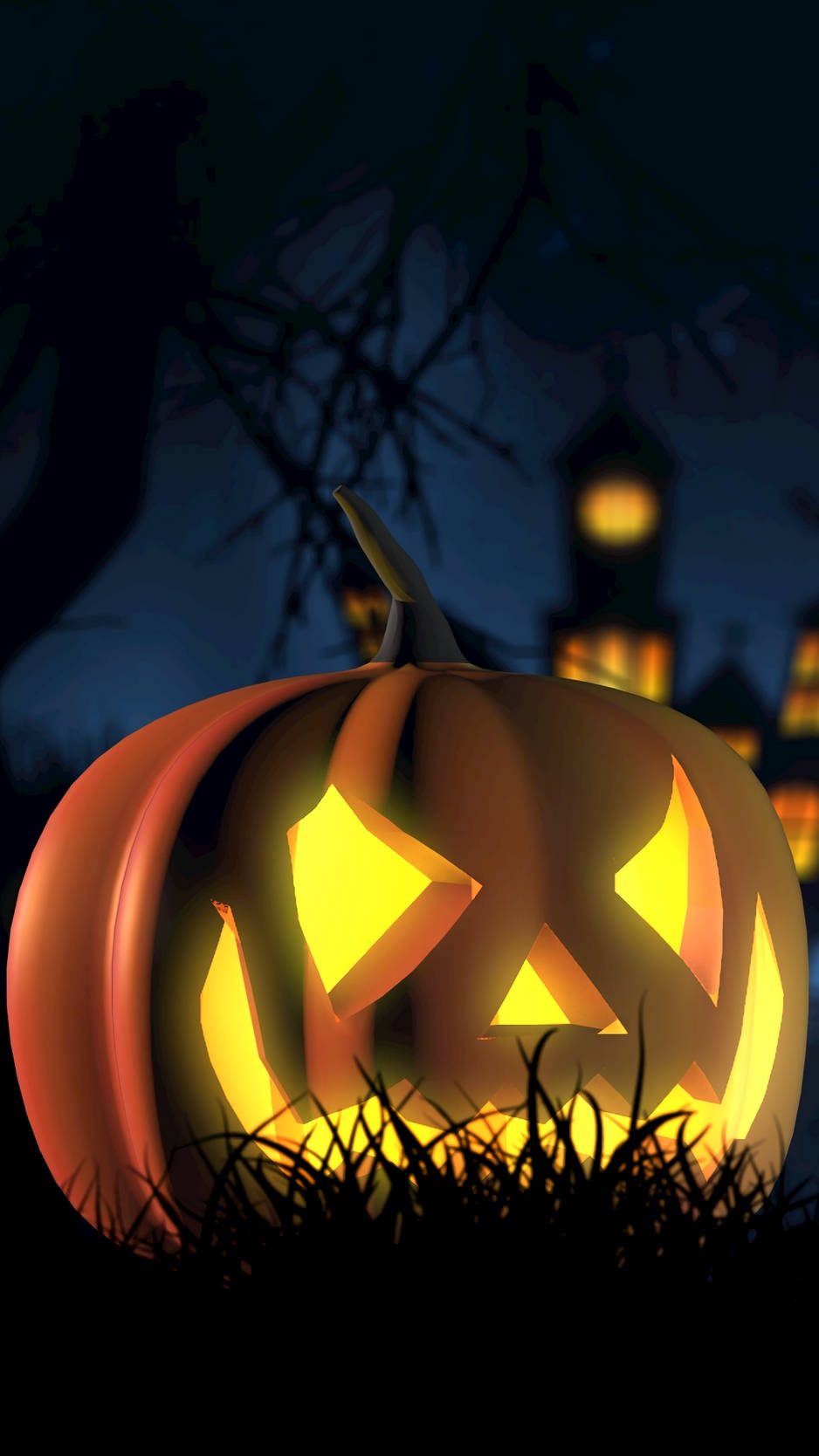 Halloween Pumpkin 桌布 壁紙 — 一個發光的南瓜燈，帶著兇惡的笑容，坐在草地上，背景是漆黑的夜空、剪影般的樹木和遠處鬼屋的燈光。
