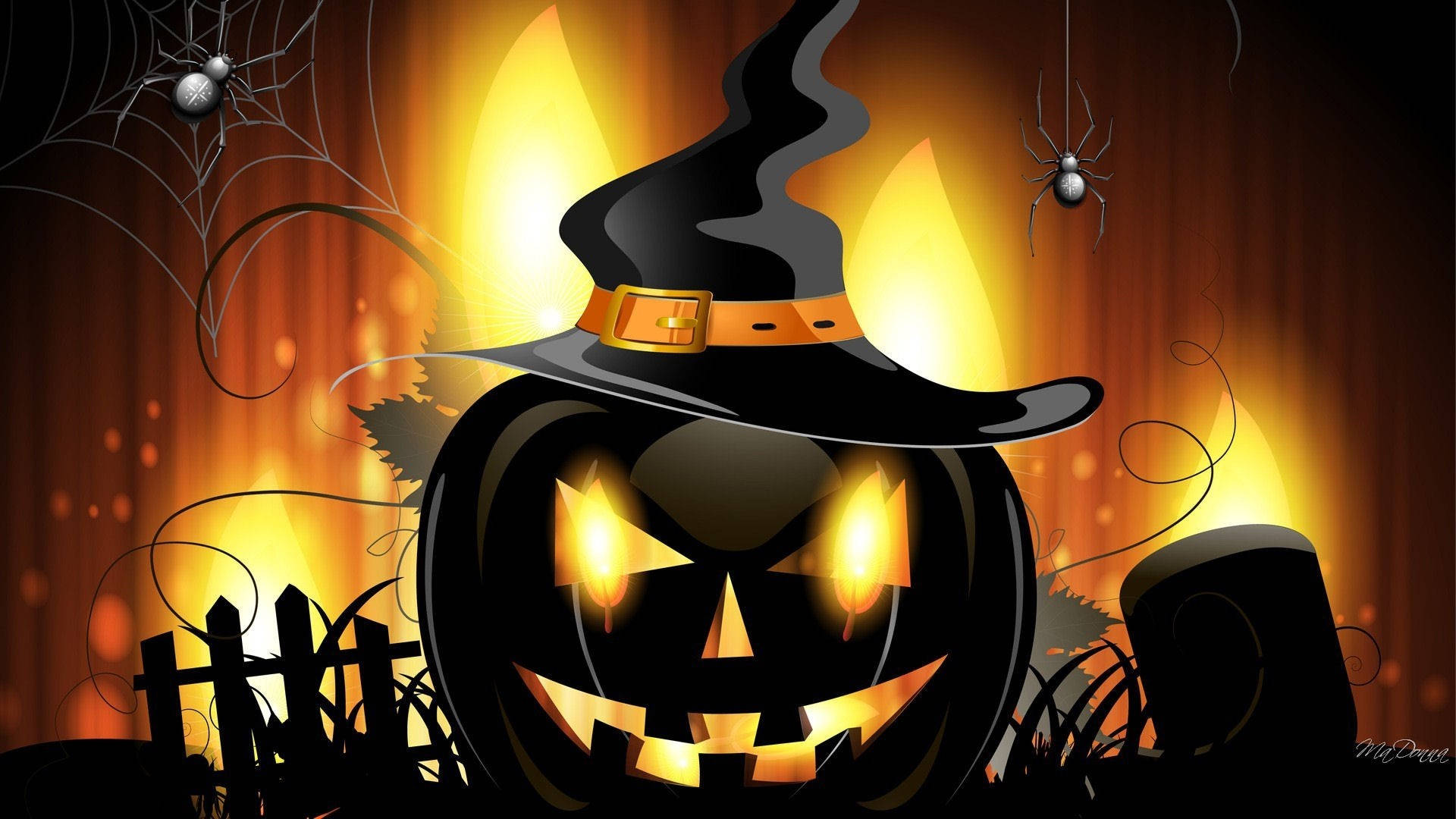 Vintage Halloween 桌布 壁紙 — 一個發光的南瓜燈，戴著女巫帽，蜘蛛和蜘蛛網，背景是火熱的橙色。