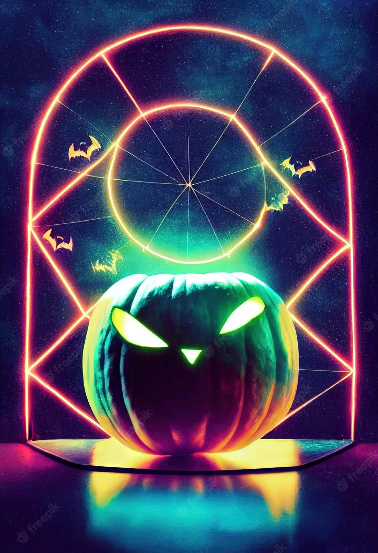 Neon Halloween 桌布 壁紙 — 一個發光的南瓜燈帶有霓虹眼睛，位於一個發光的幾何拱門下，背景是繁星點點的夜空和飛翔的蝙蝠。