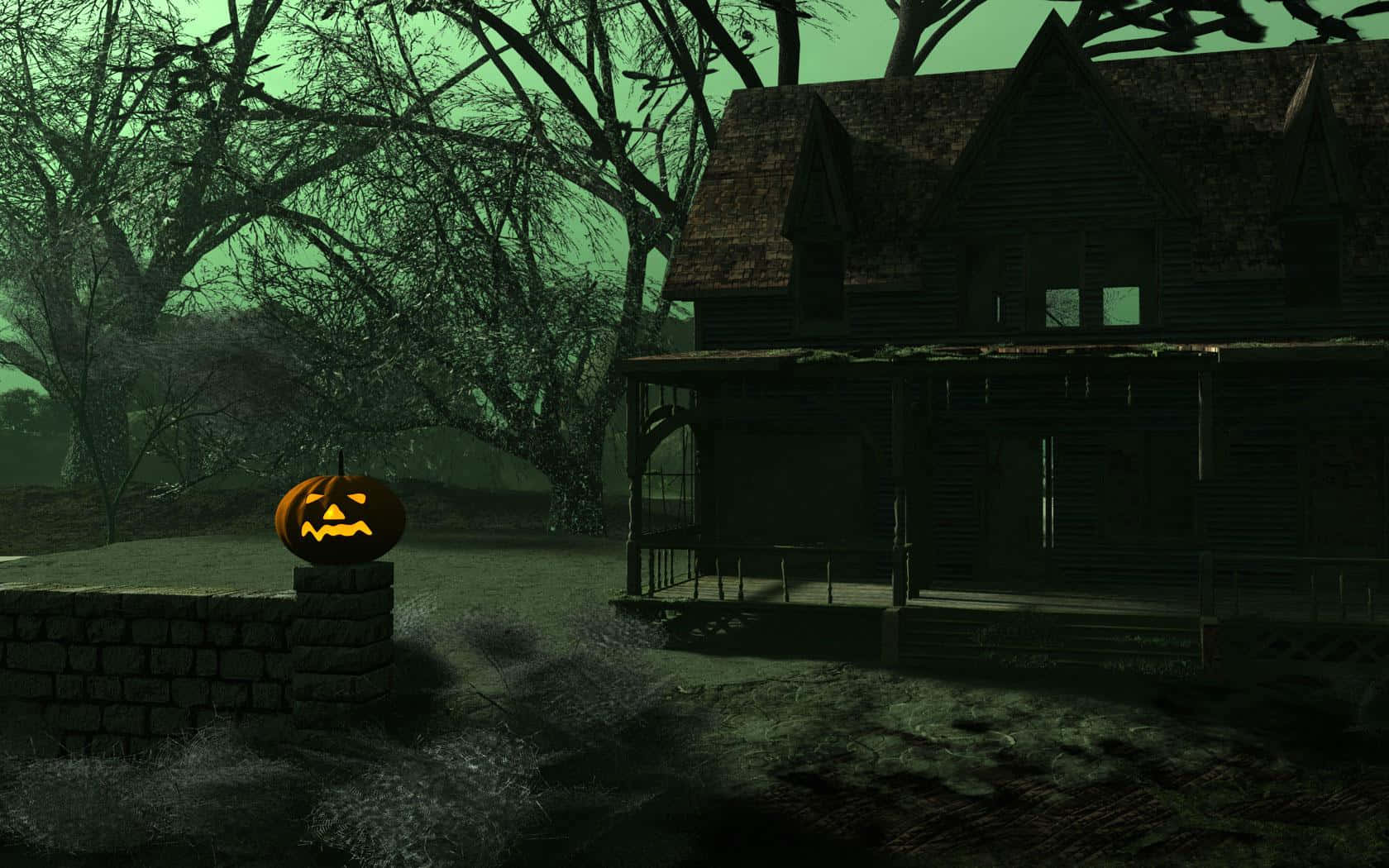 haunted 桌布 壁紙 — 一個發光的南瓜燈放在石牆上，前面是陰森綠色迷霧中的恐怖鬼屋。