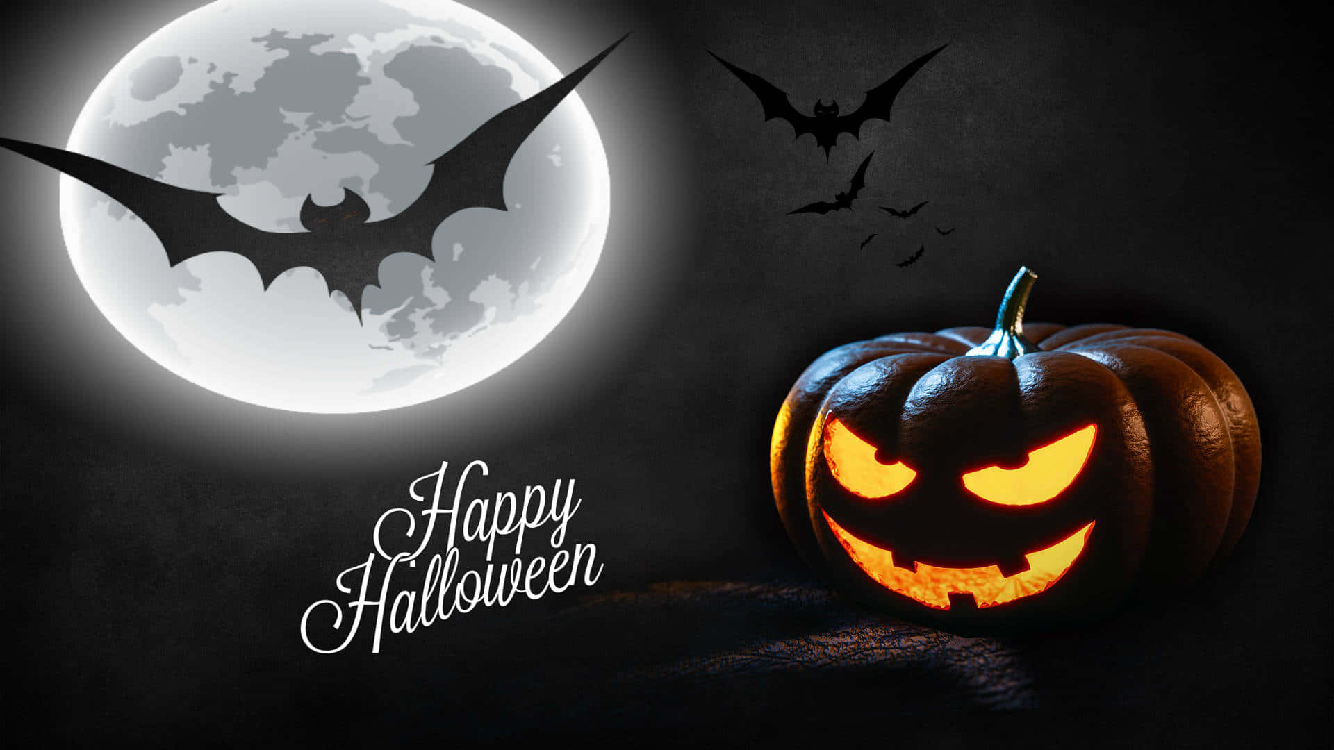 Spooky Halloween 桌布 壁紙 — 一個發光的南瓜燈籠帶著陰險的笑容坐在滿月下，蝙蝠在黑暗的夜空中飛翔。