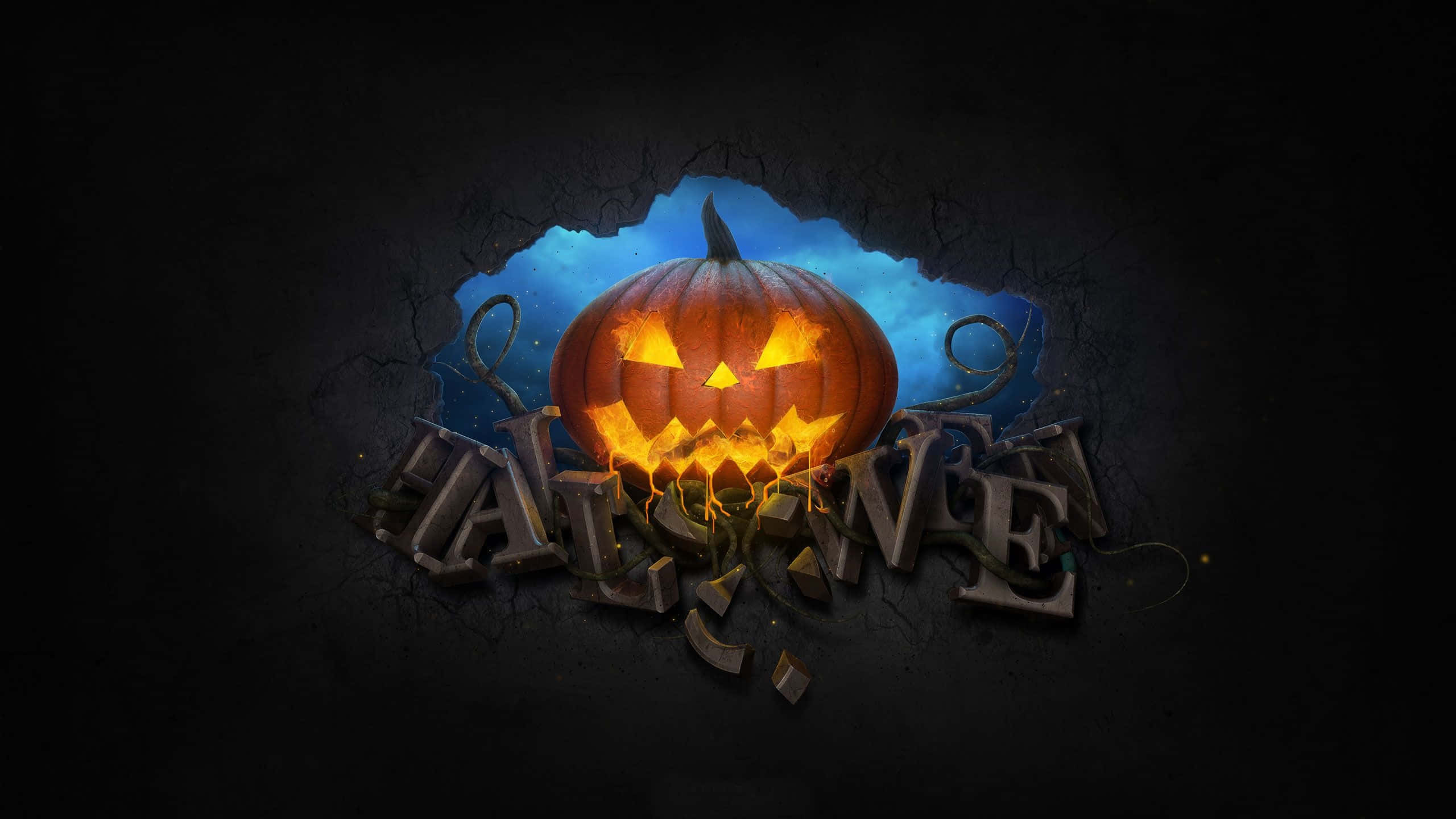 Funny Halloween 桌布 壁紙 — 一個發光的南瓜燈衝破裂開的石頭，露出背後HALLOWEEN字樣和星空夜空。