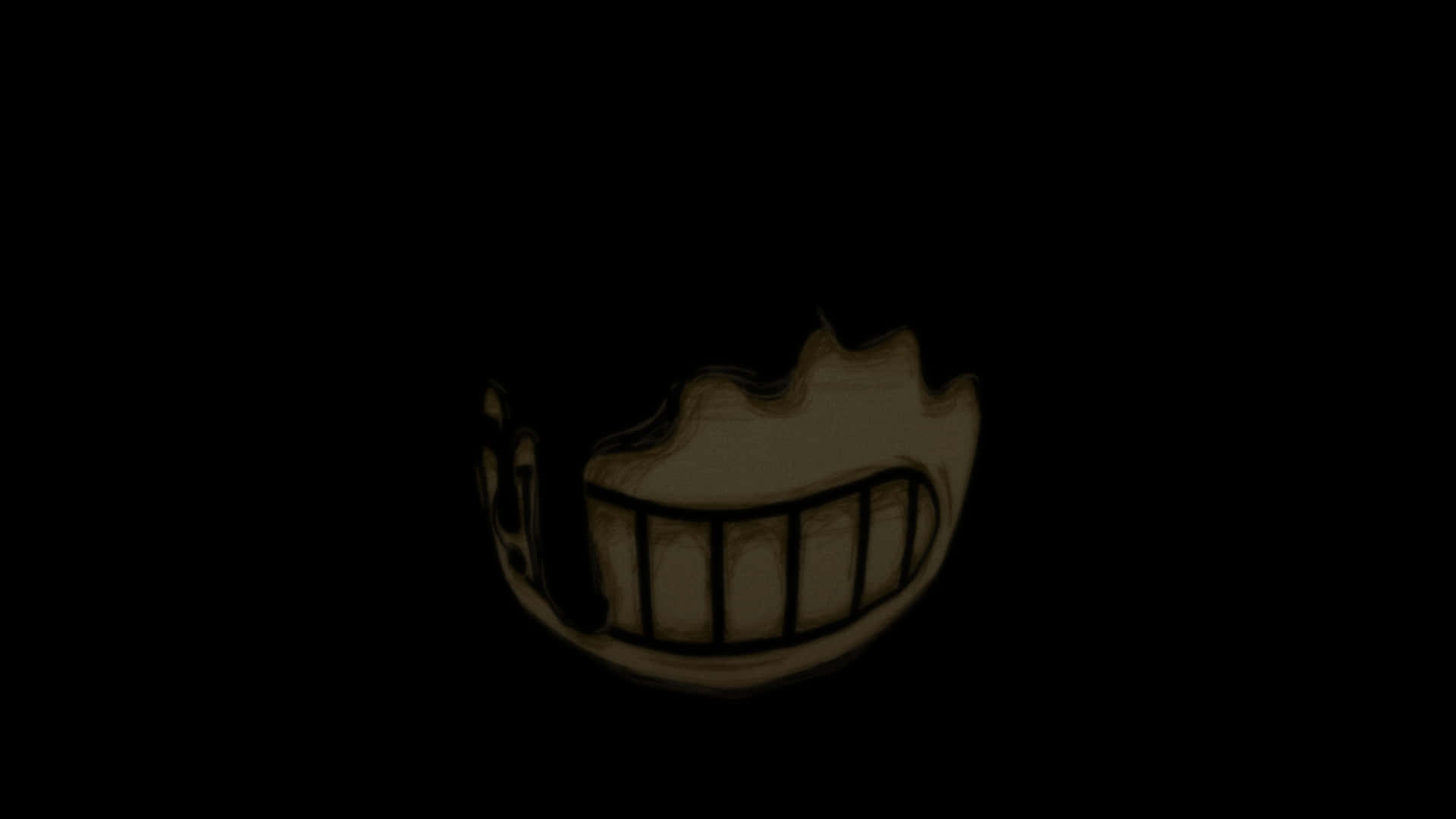 Bendy 桌布 壁紙 — 一個發光的卡通咧嘴笑，帶有尖銳牙齒，漂浮在絕對黑暗中。