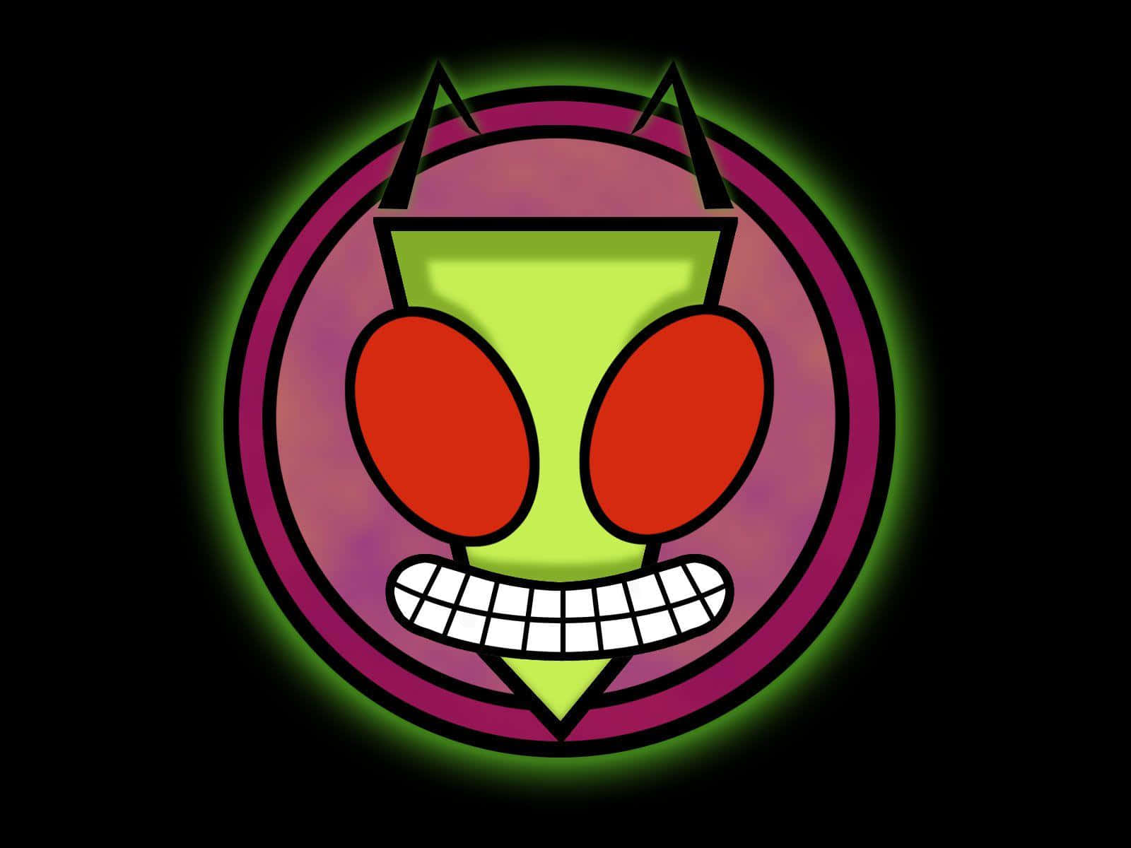 Invader Zim 桌布 壁紙 — 一個發光的卡通外星人面孔，紅眼睛和尖牙，在紫色圓圈內，黑色背景。