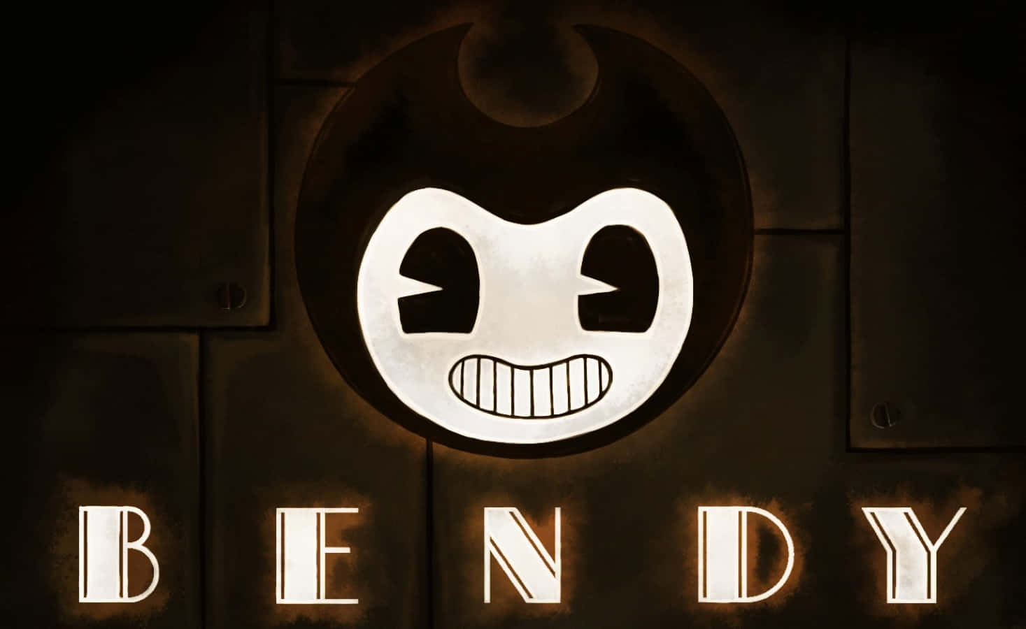 Bendy 桌布 壁紙 — 一個發光的卡通臉孔，咧嘴大笑，上方有新月，背景是深色金屬面板，下方有發光的BENDY字樣。