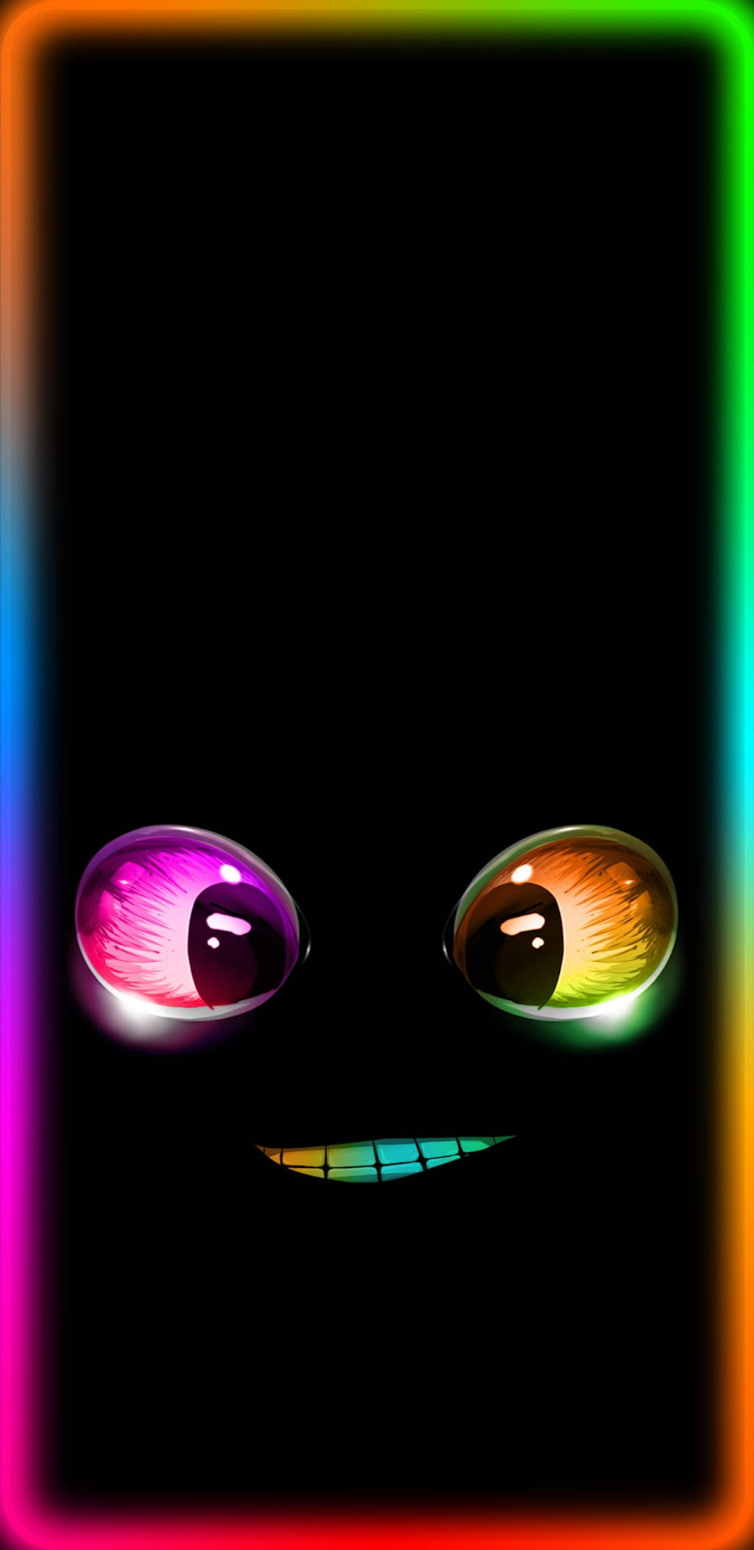 Eyes 桌布 壁紙 — 一個發光的卡通臉孔，帶有彩虹色的眼睛和微笑的嘴巴，在黑色背景上被鮮豔的霓虹邊框框住。
