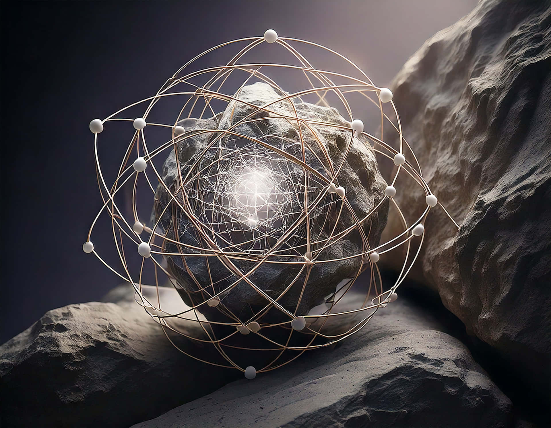 Atomic Structure 壁紙 — 一個發光的原子模型包裹著一顆粗糙的石頭，石頭置於黑暗岩石之間，在戲劇性的燈光下。