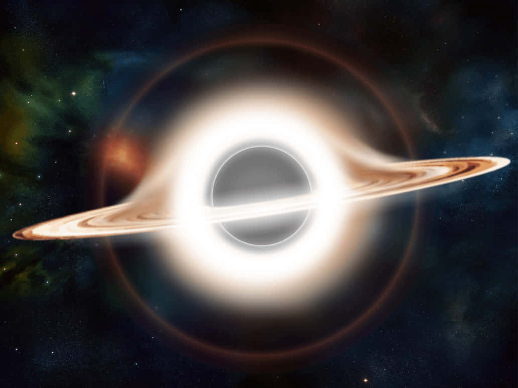 桌布 壁紙 — 一個發光的吸積盤在一個佈滿星星的宇宙背景和彩色星雲中圍繞著黑洞旋轉。