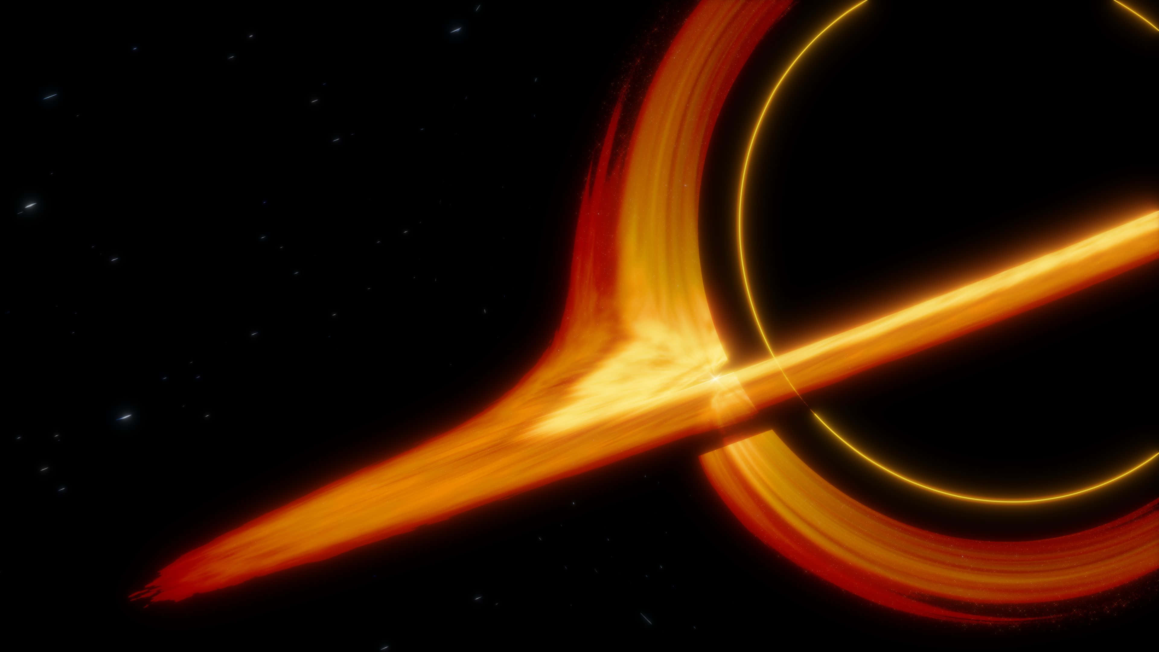 sagittarius 桌布 壁紙 — 一個發光的吸積盤在佈滿星星的宇宙虛空中圍繞著黑洞旋轉。