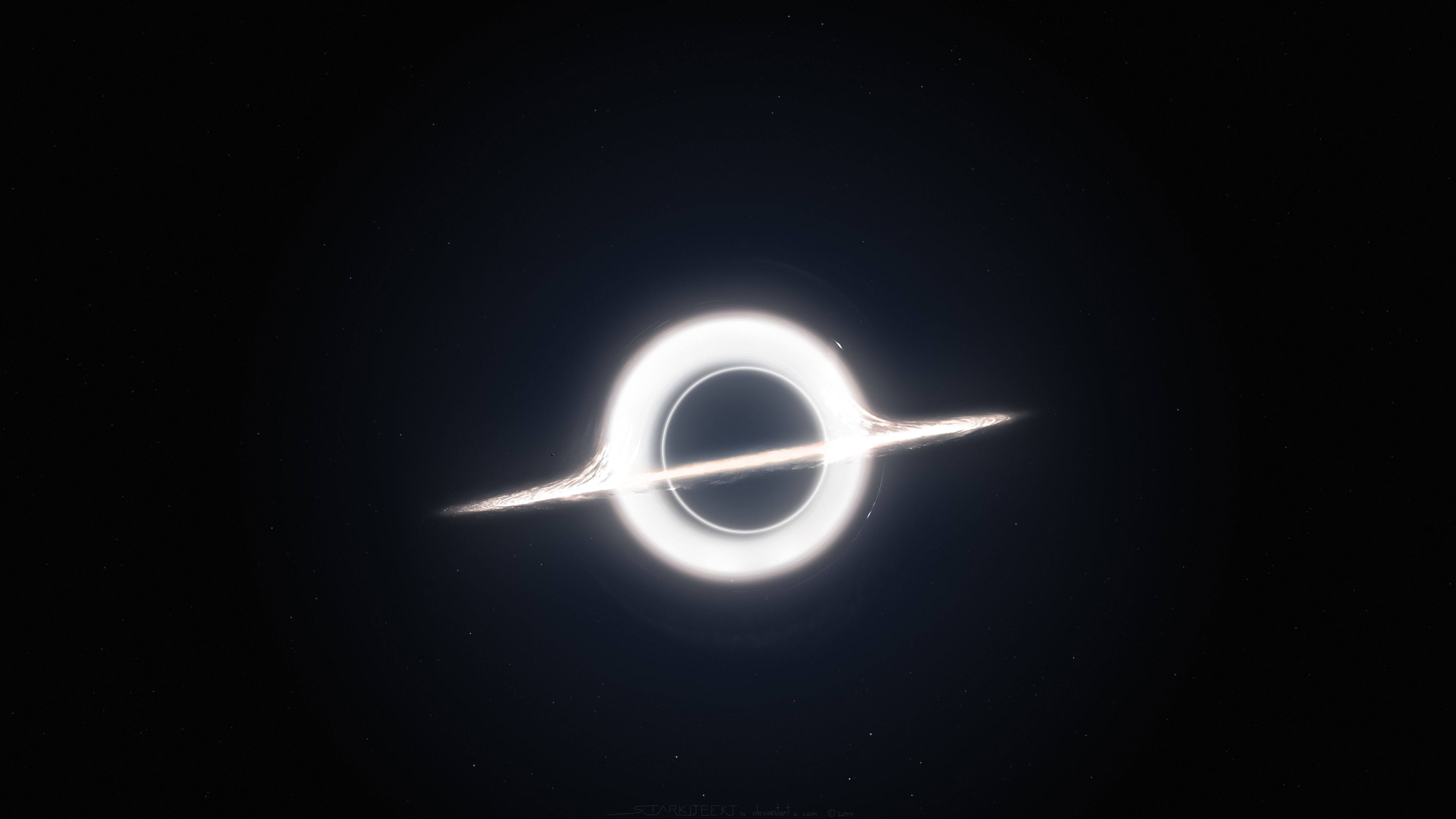 星際效應 桌布 壁紙 — 一個發光的吸積盤在佈滿星星的宇宙虛空中圍繞著黑洞旋轉。
