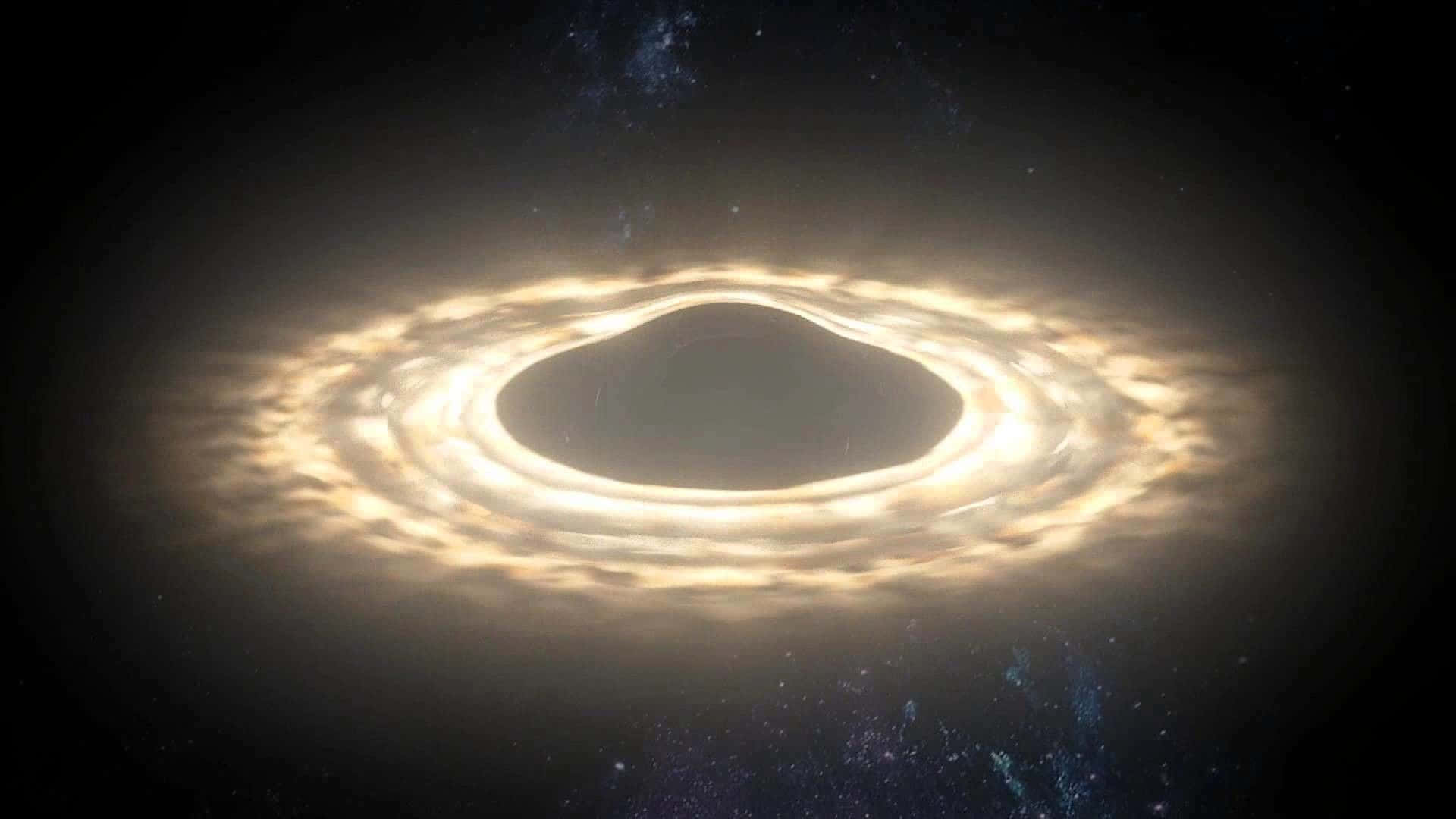 桌布 壁紙 — 一個發光的吸積盤在星空宇宙背景下圍繞黑洞旋轉。
