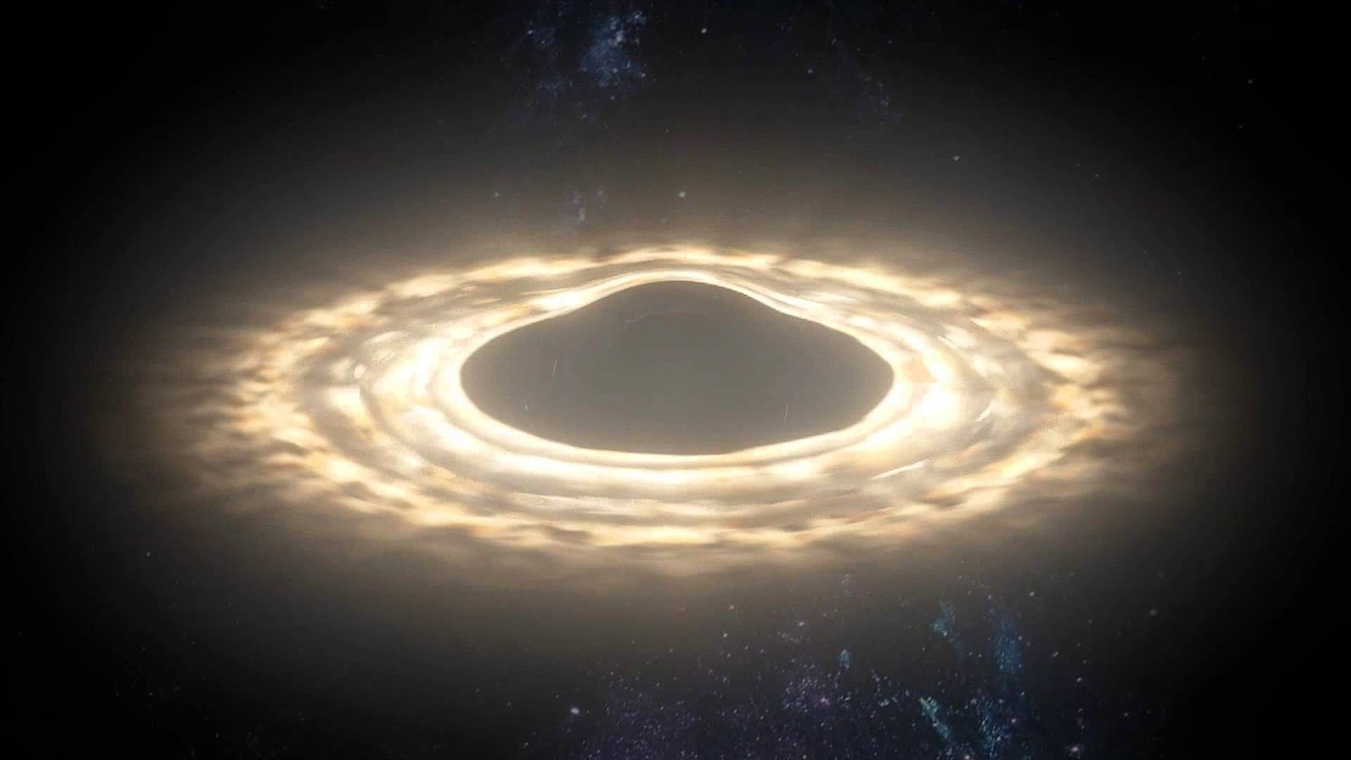 黑洞 桌布 壁紙 — 一個發光的吸積盤在星際宇宙背景下圍繞黑洞旋轉。