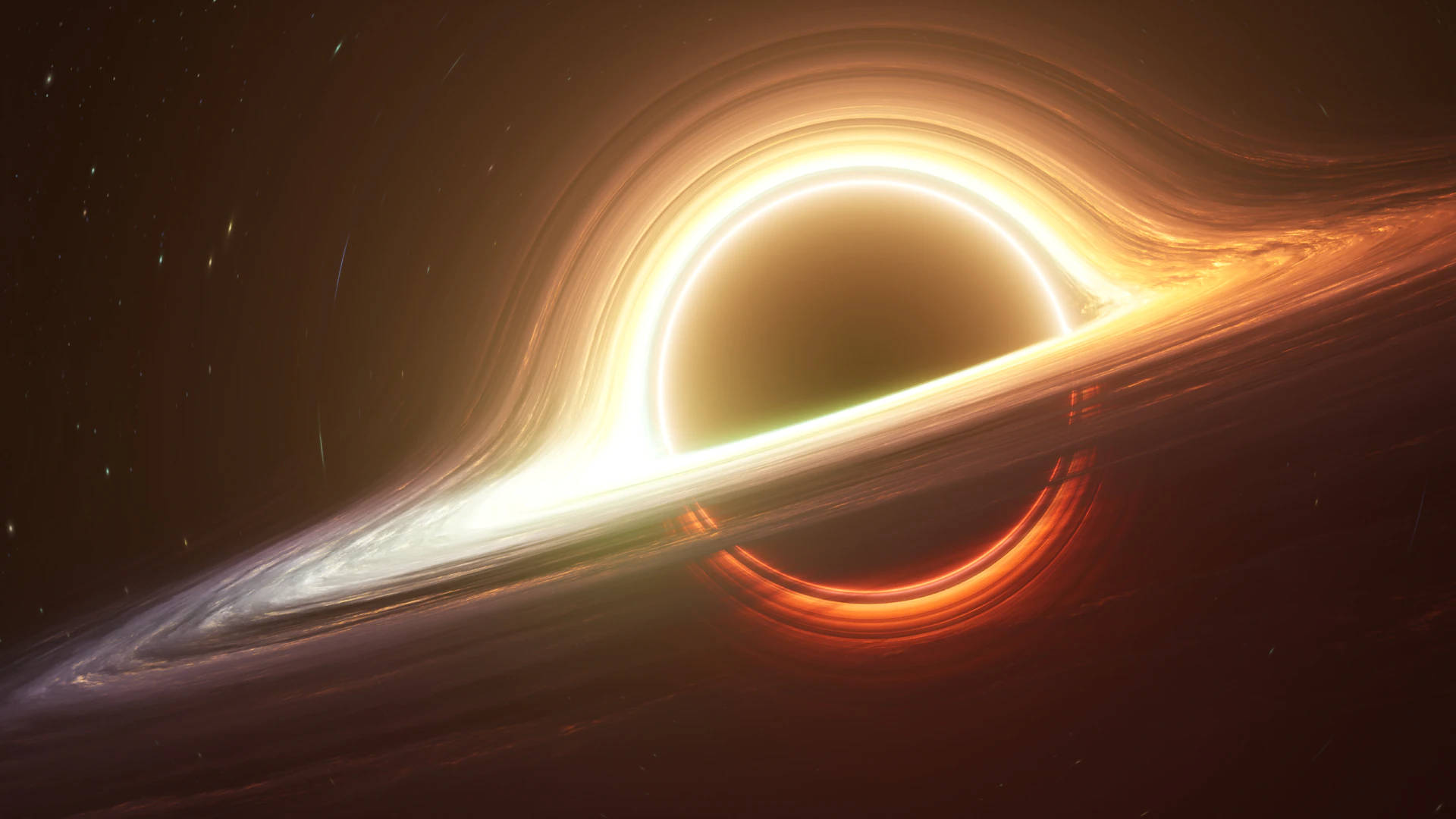 一個帶有發光吸積盤的黑洞，在深空中被星星環繞。 — 外太空 GIF 壁紙