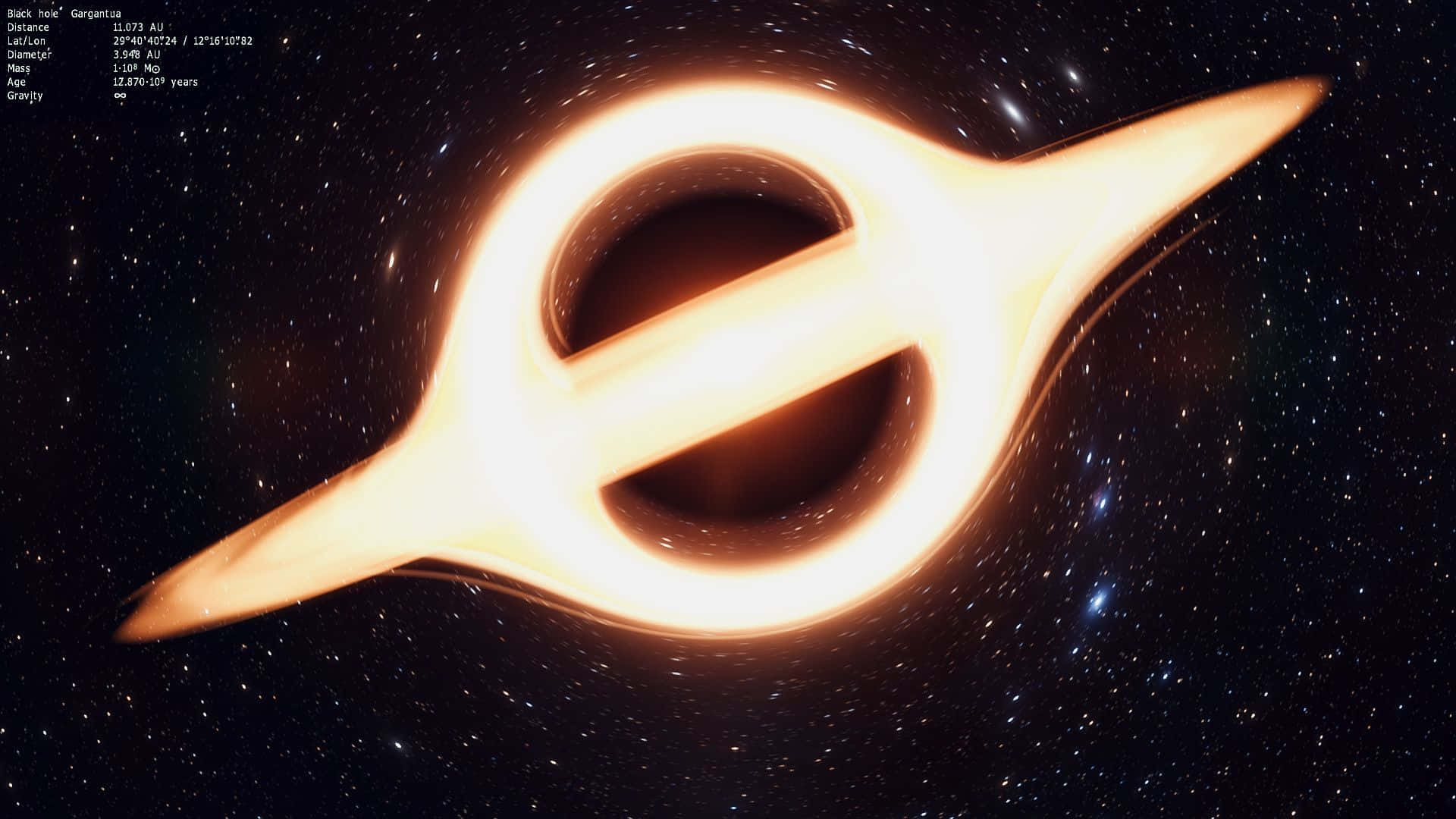 桌布 壁紙 — 一個發光的吸積盤在黑洞周圍旋轉，位於深空，星星在宇宙虛空中閃爍。