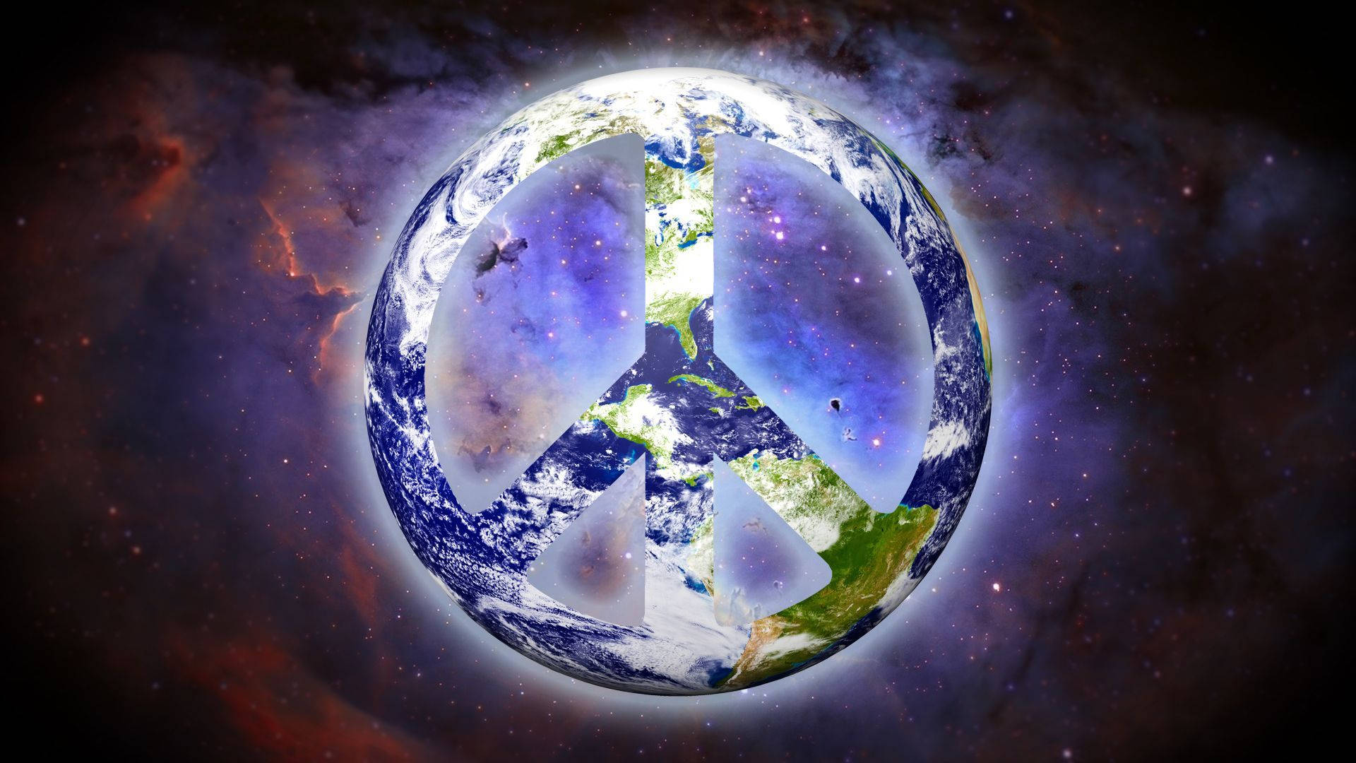 和平 桌布 壁紙 — 一個發光的和平標誌覆蓋在地球上，背景是充滿星星和旋轉氣體的 vibrant 宇宙星雲。