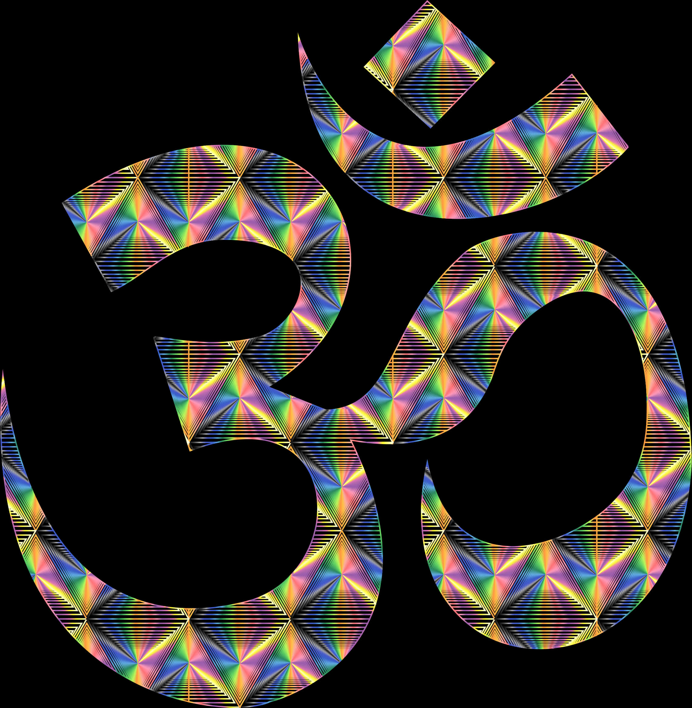 嗡 桌布 壁紙 — 一個發光的嗡字符號，充滿鮮豔的幾何圖案，襯托在純黑背景上。